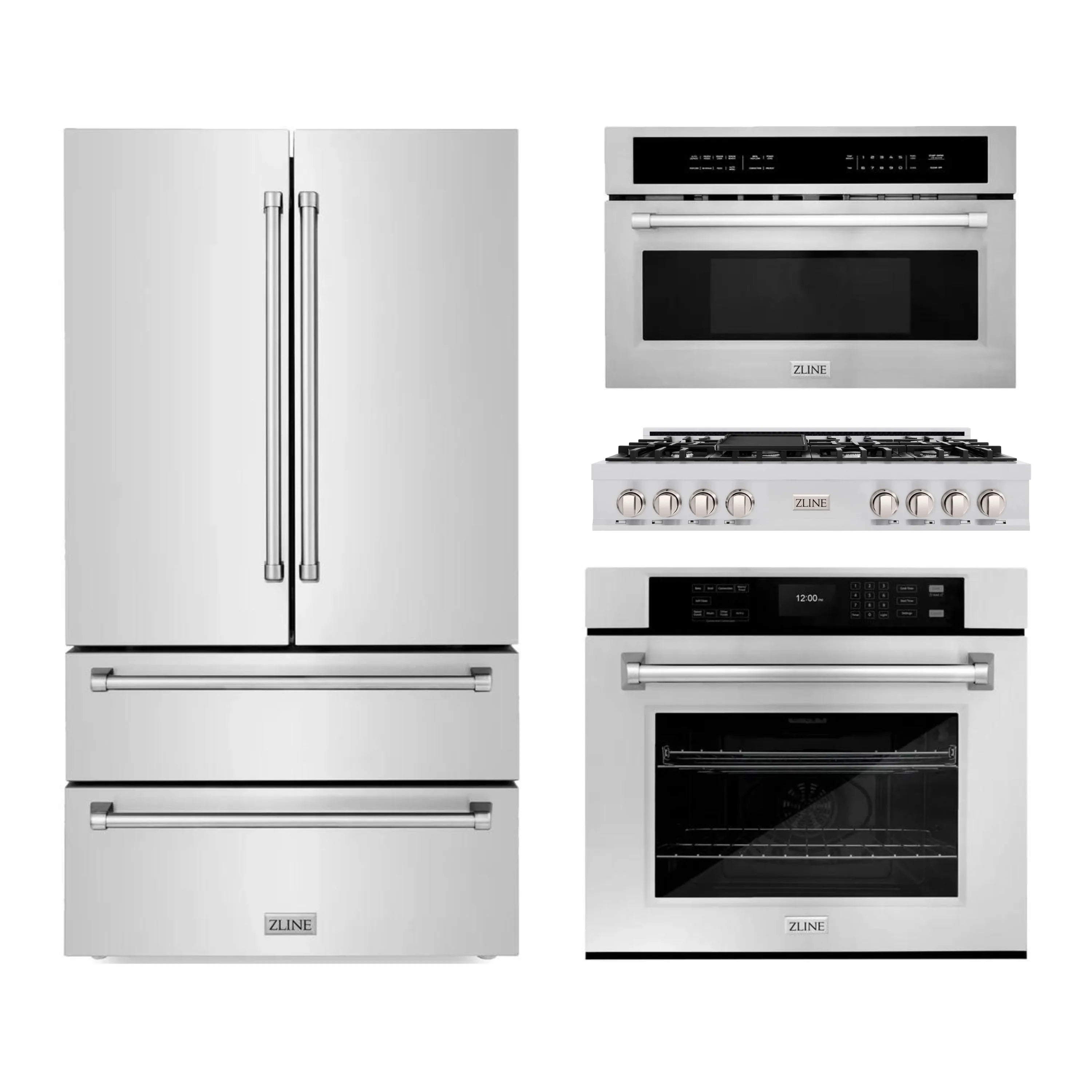 Stainless refrigerator, wall oven, wall microwave, and gas range display set
