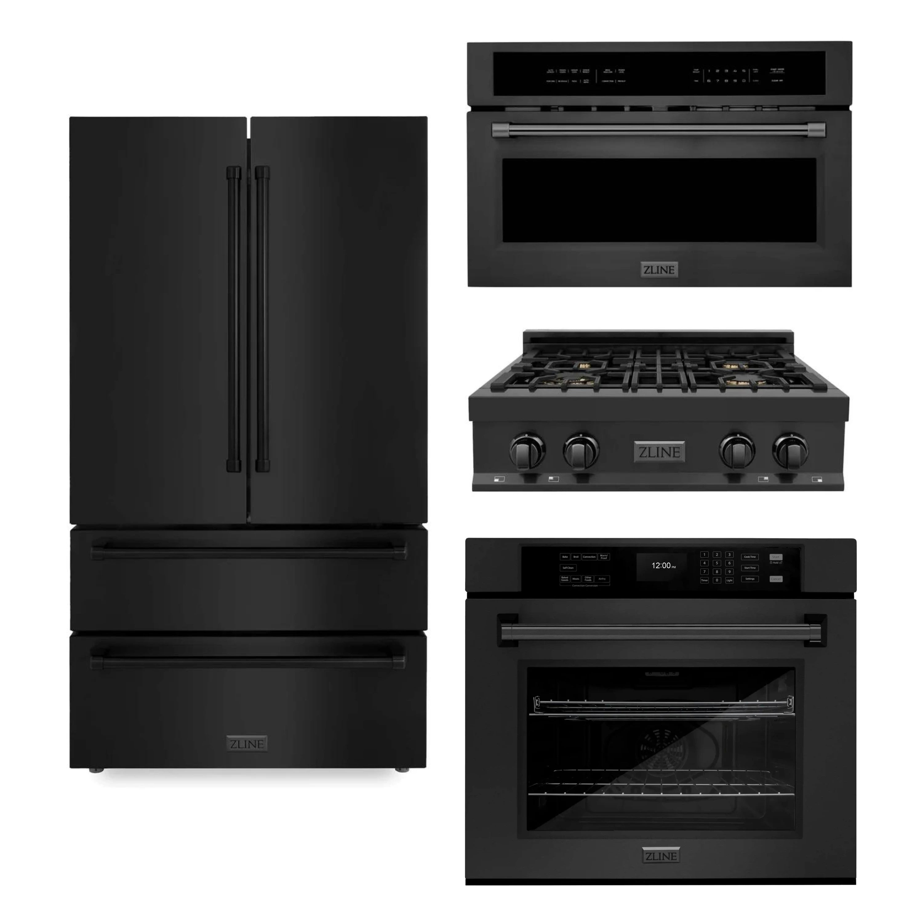 Black ZLINE appliance set with refrigerator, range cooktop, and wall oven