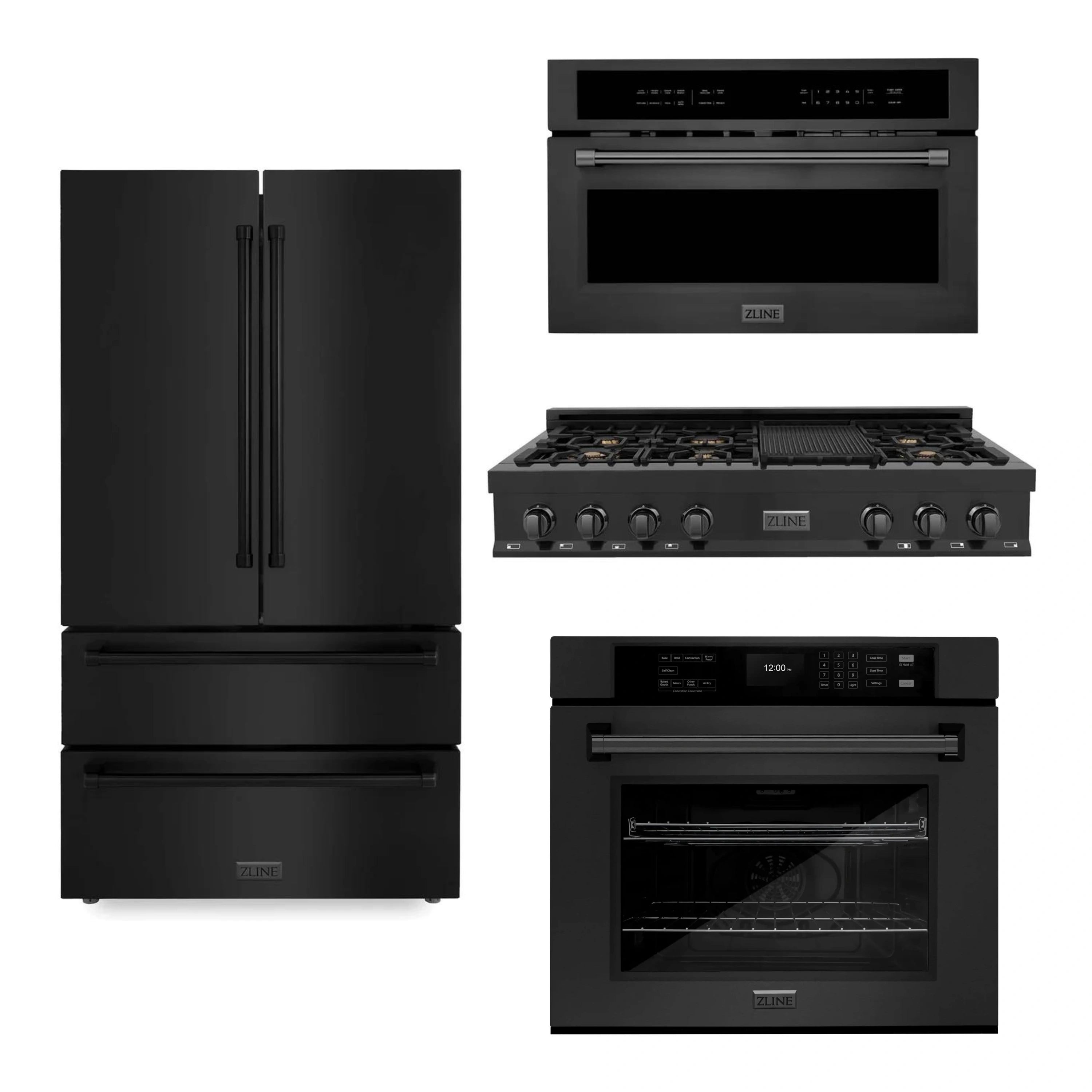 ZLINE black stainless appliance package: refrigerator, rangetop, wall oven, microwave