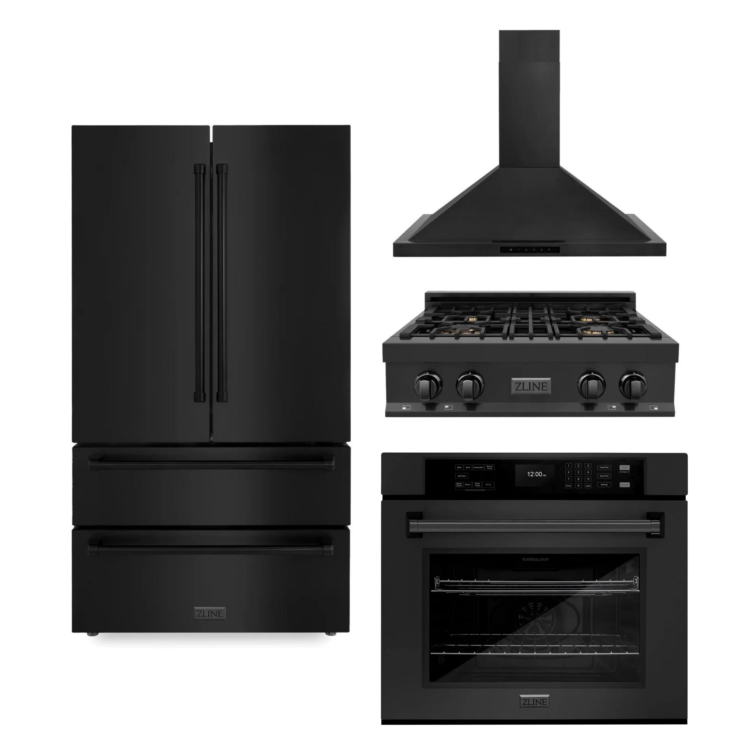 Black refrigerator, gas range, wall hood, and built-in oven shown together