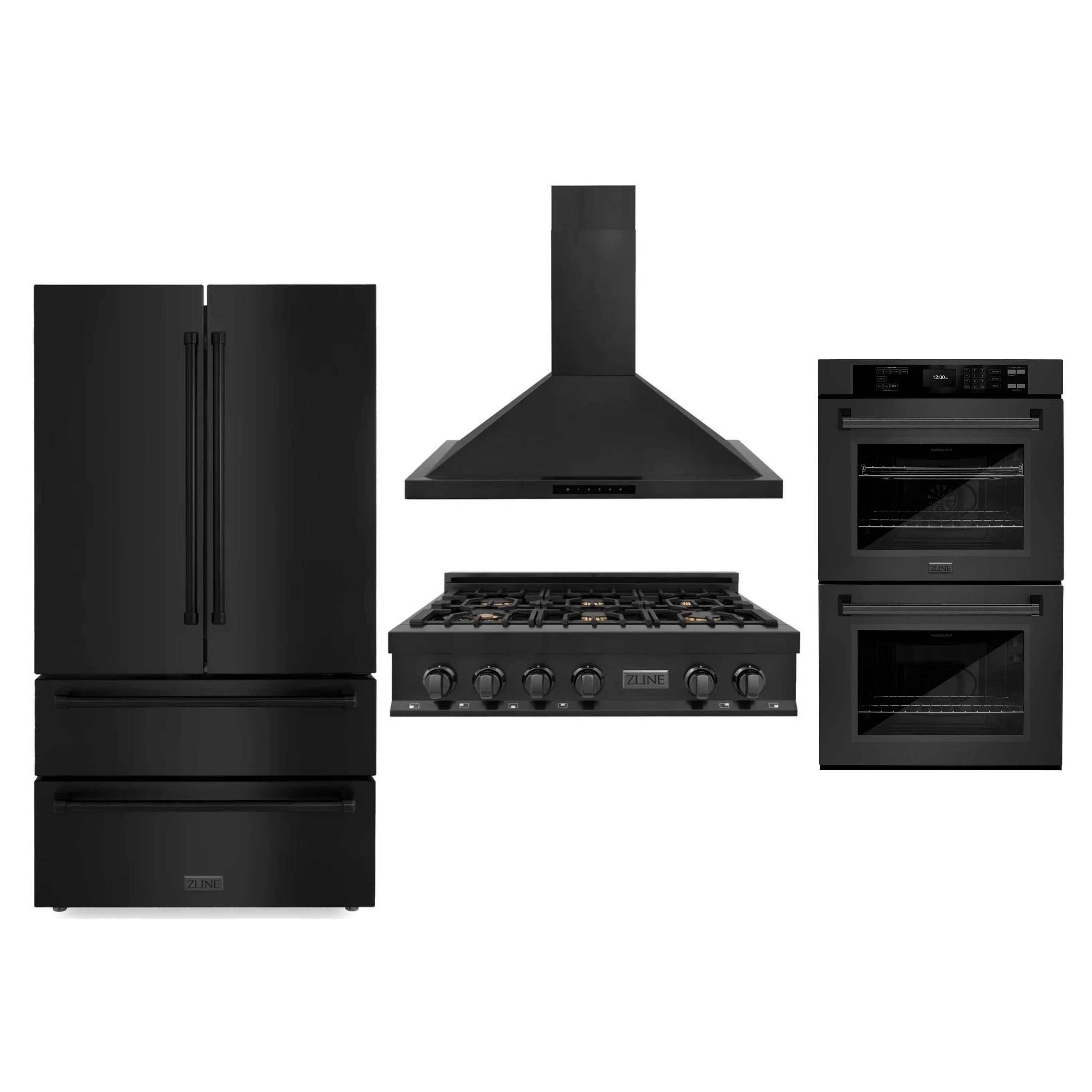 ZLINE 4-Piece Appliance Package - 36-Inch Rangetop with Brass Burners, Refrigerator, 30-Inch Electric Double Wall Oven, and Convertible Wall Mount Hood in Black Stainless Steel (4KPR-RTBRH36-AWD)