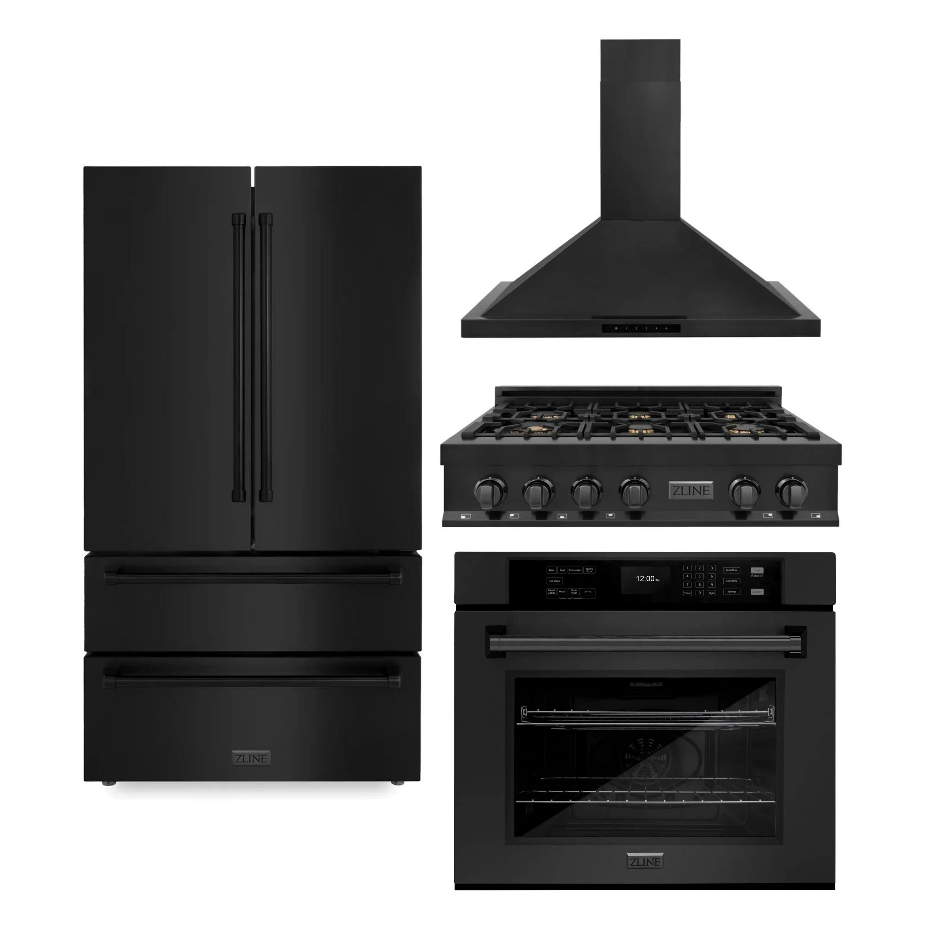 Black kitchen appliance set with refrigerator, rangetop, wall oven, and range hood