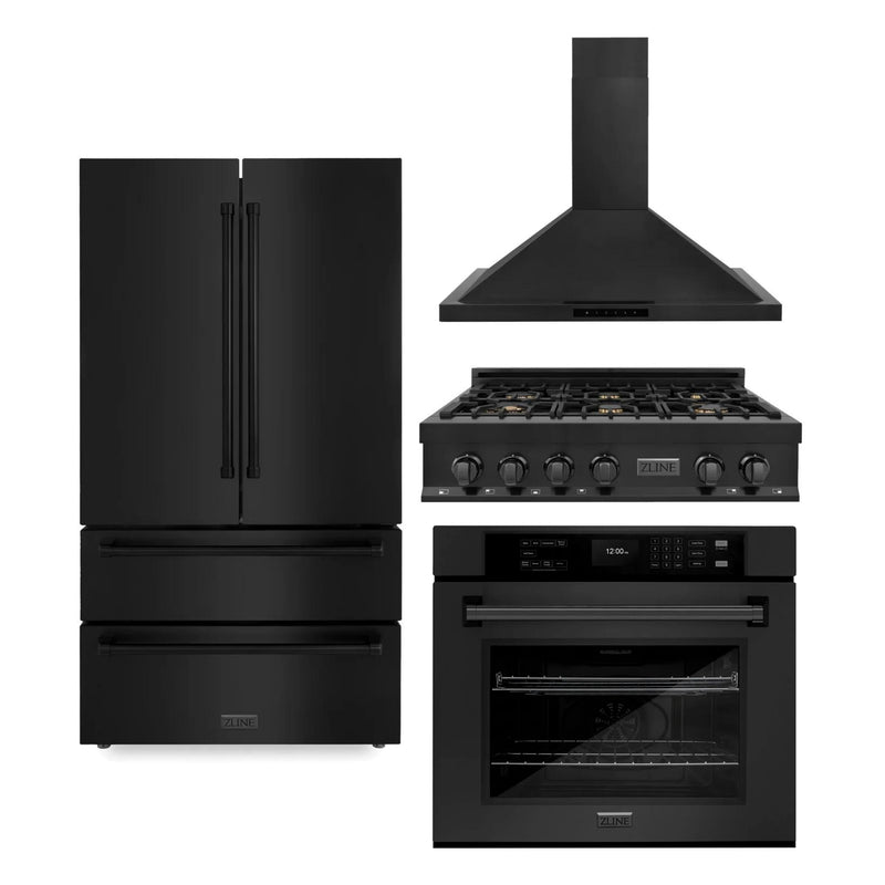 ZLINE 4-Piece Appliance Package - 36-Inch Rangetop with Brass Burners, Refrigerator, 30-Inch Electric Wall Oven, and Convertible Wall Mount Hood in Black Stainless Steel (4KPR-RTBRH36-AWS)