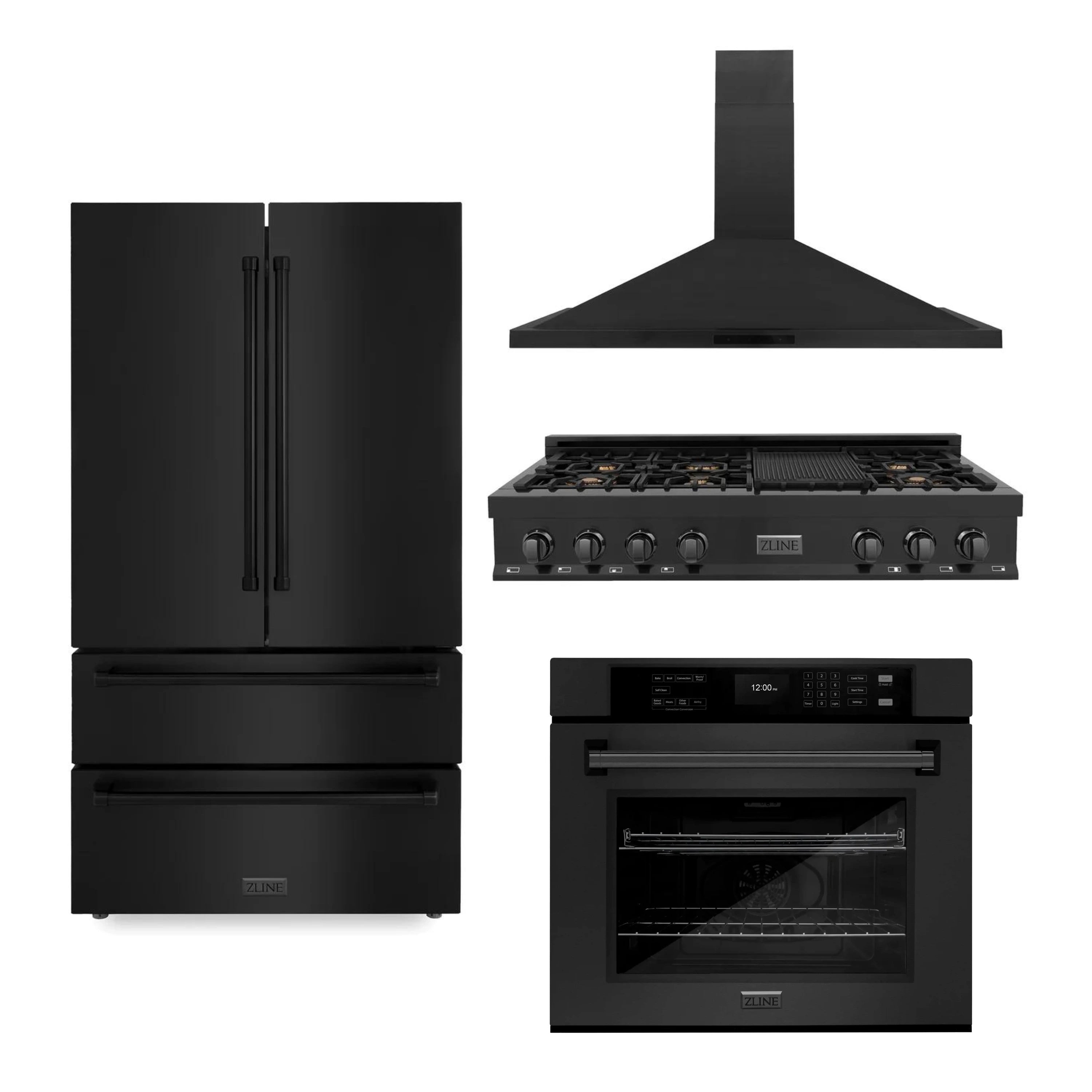 ZLINE 4-Piece Appliance Package - 48-Inch Rangetop with Brass Burners, Refrigerator, 30-Inch Electric Wall Oven, and Convertible Wall Mount Hood in Black Stainless Steel (4KPR-RTBRH48-AWS)