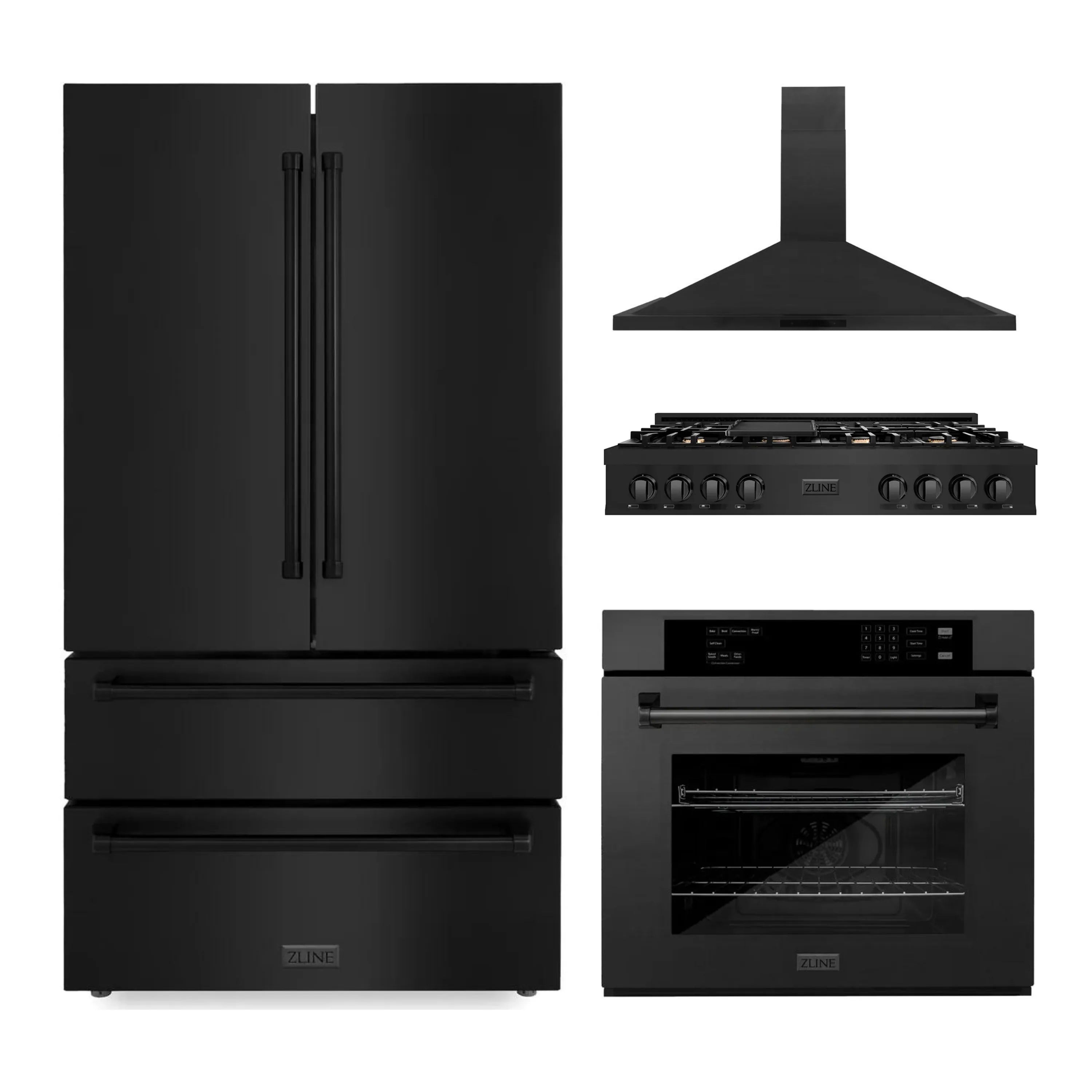 Black stainless steel appliance package: refrigerator, hood, rangetop, electric wall oven