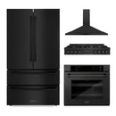 ZLINE 4-Piece Appliance Package - 48-Inch Rangetop with Brass Burners, Refrigerator, 30-Inch Electric Wall Oven, and Convertible Wall Mount Hood in Black Stainless Steel (4KPR-RTBRH48-AWS)