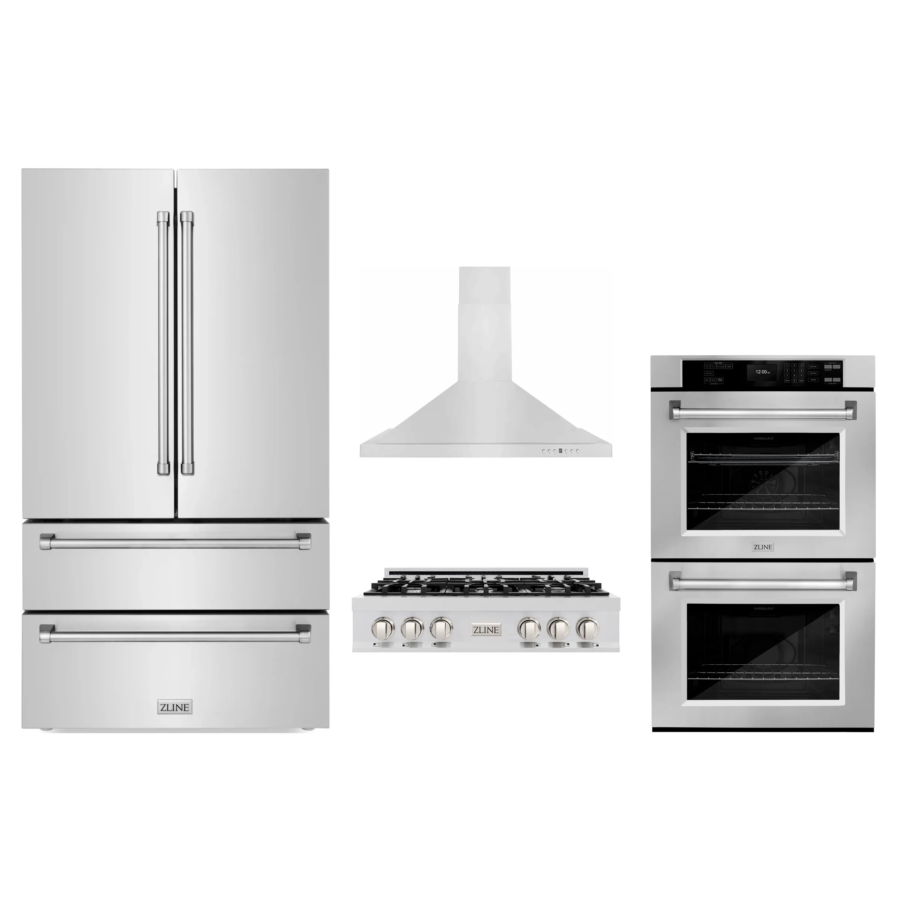 Stainless steel 4-piece appliance set: refrigerator, rangetop, wall hood, double ovens