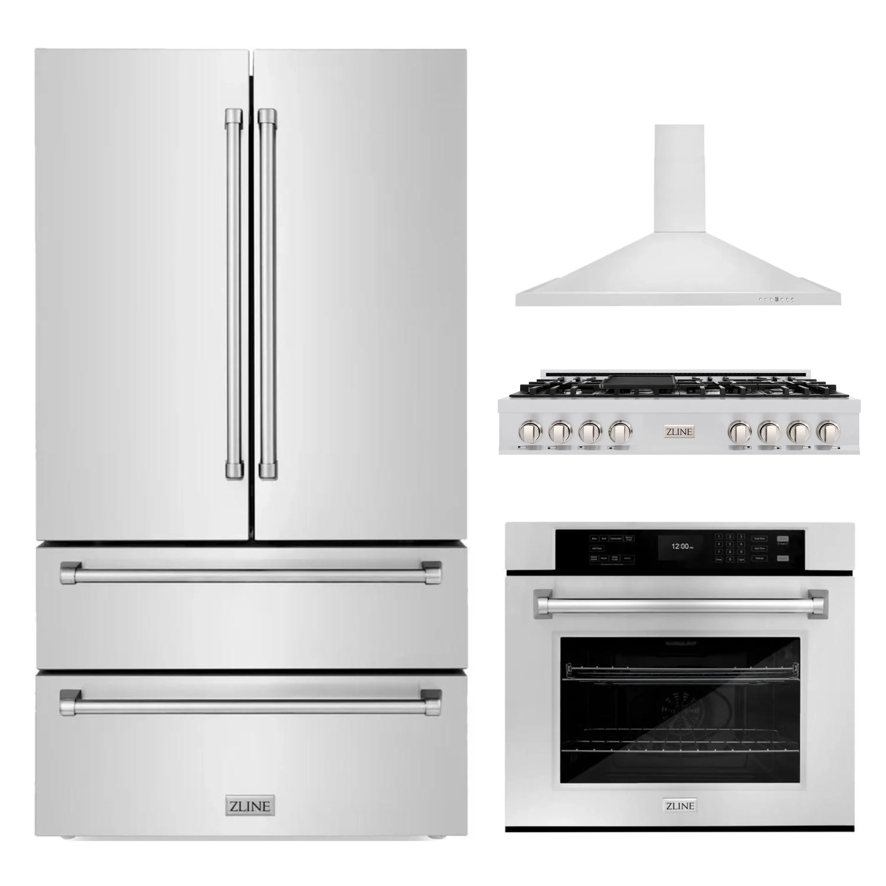 4-piece stainless steel kitchen appliance set: refrigerator, range, wall oven, hood