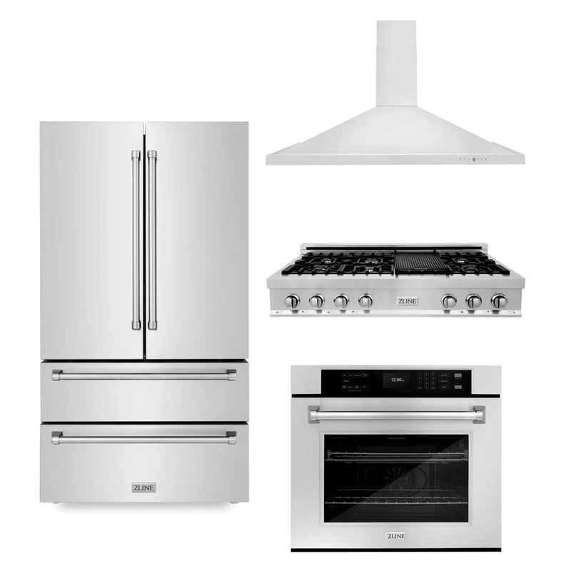 ZLINE 4-Piece Appliance Package - 48-Inch Rangetop, 30” Wall Oven, 36” Refrigerator, and Convertible Wall Mount Hood in Stainless Steel (4KPR-RTRH48-AWS)