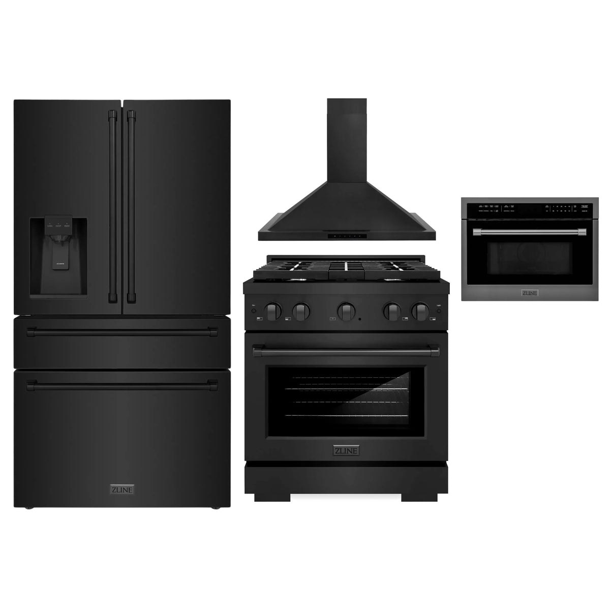 ZLINE 4-Piece Appliance Package - 30-Inch Gas Range, Refrigerator, Convertible Wall Mount Hood, and Microwave Oven in Black Stainless Steel (4KPR-SGRBRH30-MWO)