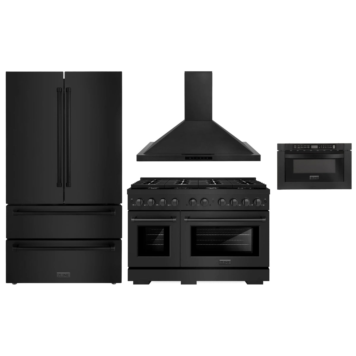 ZLINE 4-Piece Appliance Package - 48-Inch Gas Range, Refrigerator, Convertible Wall Mount Hood, and Microwave Drawer in Black Stainless Steel (4KPR-SGRBRH48-MW)