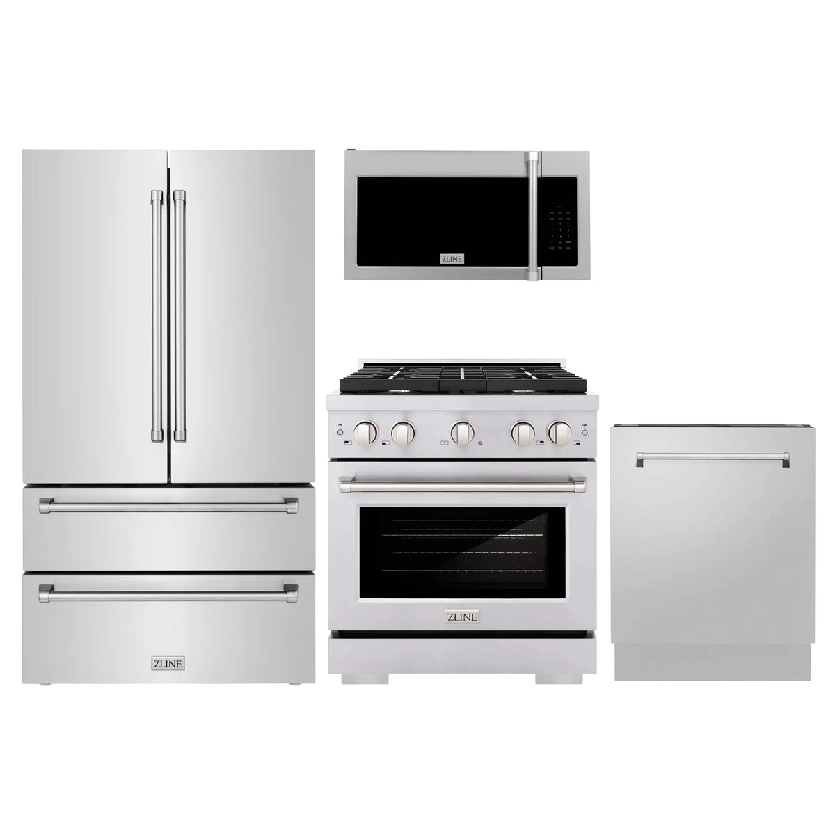 ZLINE 4-Piece Appliance Package - 30-Inch Gas Range, Refrigerator, Tall Tub Dishwasher, & Over-the-Range Microwave in Stainless Steel (4KPR-SGROTRH30-DWV)