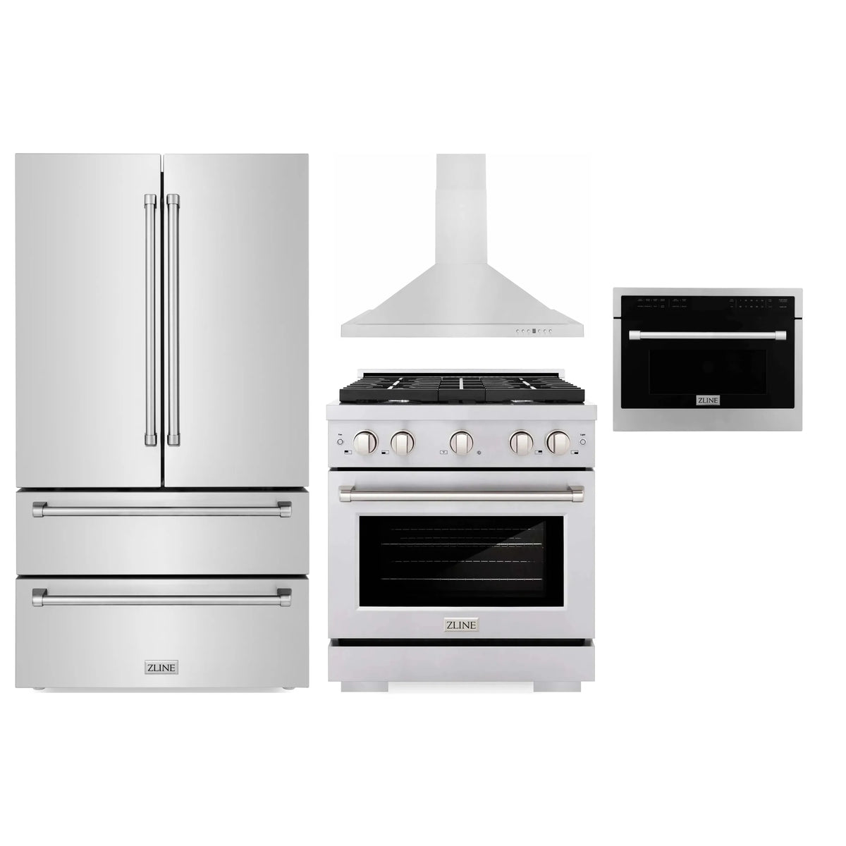 ZLINE 4-Piece Appliance Package - 30-Inch Gas Range, Refrigerator, Convertible Wall Mount Hood, and Microwave Oven in Stainless Steel (4KPR-SGRRH30-MO)