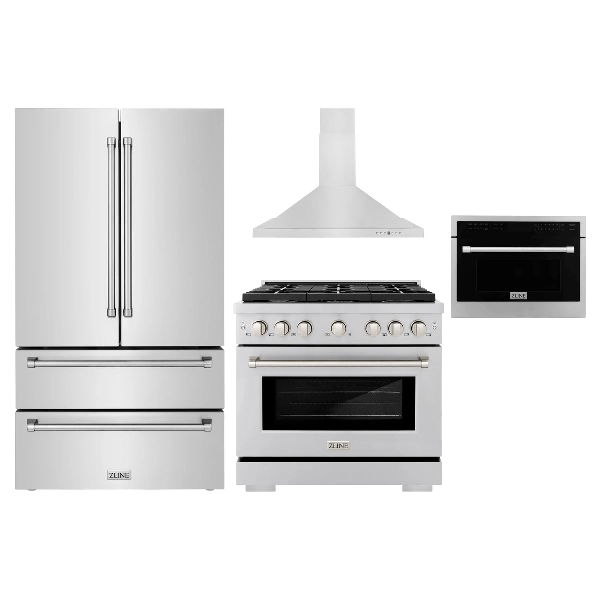 ZLINE 4-Piece Appliance Package - 36-Inch Gas Range, Refrigerator, Convertible Wall Mount Hood, and Microwave Oven in Stainless Steel (4KPR-SGRRH36-MO)