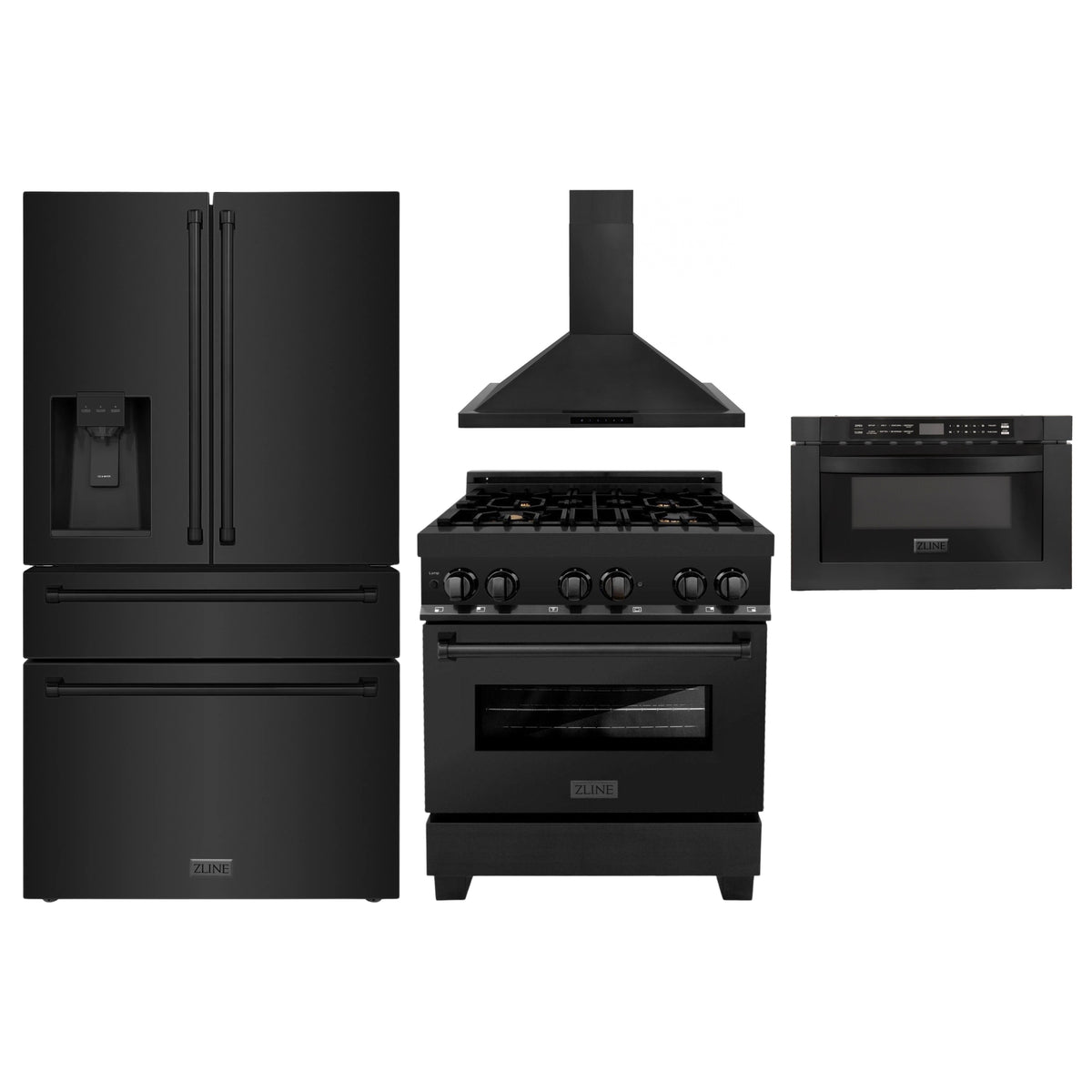 ZLINE 4-Piece Appliance Package - 30-Inch Dual Fuel Range with Brass Burners, Refrigerator with Water Dispenser, Convertible Wall Mount Hood, and Microwave Drawer in Black Stainless Steel (4KPRW-RABRH30-MWD)