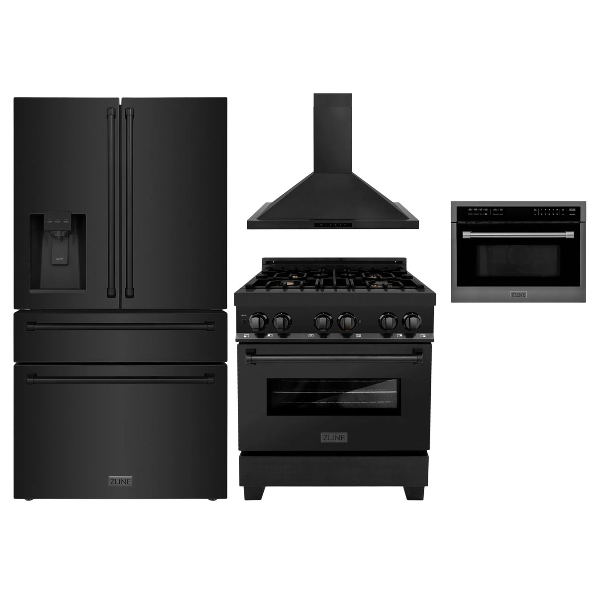 ZLINE 4-Piece Appliance Package - 30-Inch Dual Fuel Range with Brass Burners, Refrigerator with Water Dispenser, Convertible Wall Mount Hood, and Microwave Oven in Black Stainless Steel (4KPRW-RABRH30-MWO)