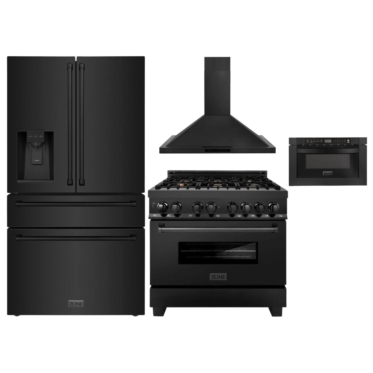 ZLINE 4-Piece Appliance Package - 36-Inch Dual Fuel Range with Brass Burners, Refrigerator with Water Dispenser, Convertible Wall Mount Hood, and Microwave Drawer in Black Stainless Steel (4KPRW-RABRH36-MWD)