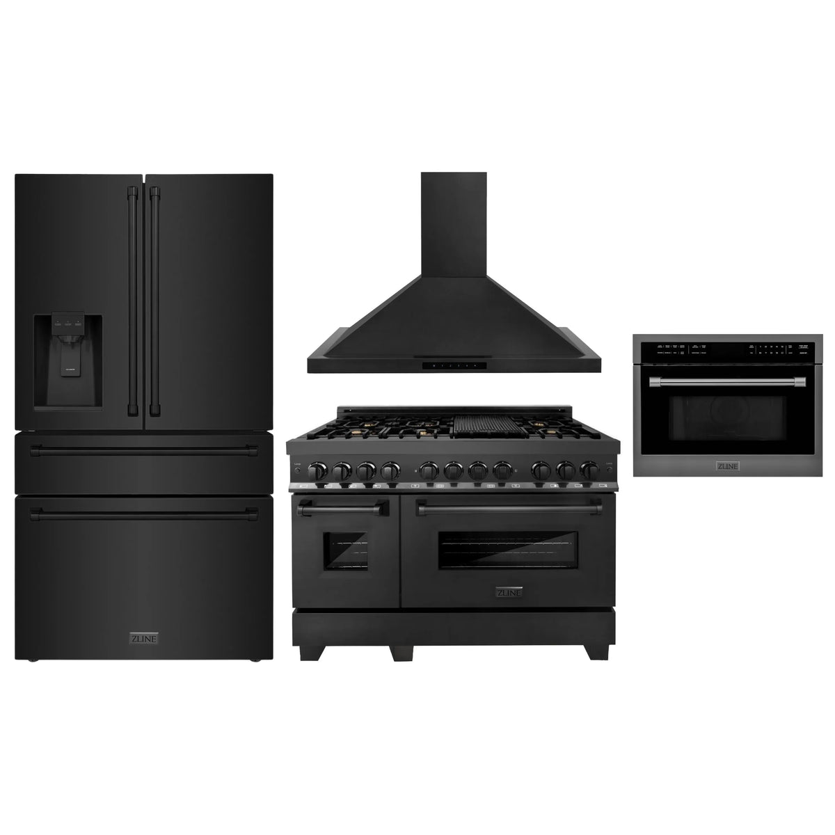 ZLINE 4-Piece Appliance Package - 48-Inch Dual Fuel Range with Brass Burners, Refrigerator with Water Dispenser, Convertible Wall Mount Hood, and Microwave Oven in Black Stainless Steel (4KPRW-RABRH48-MWO)