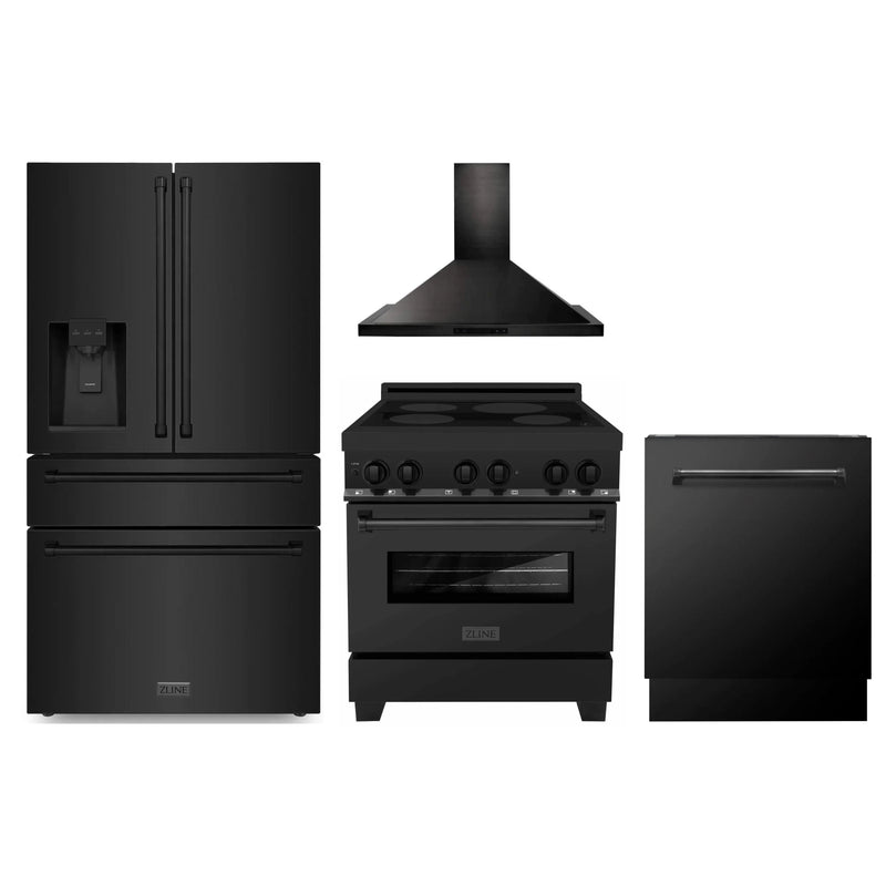 ZLINE 4-Piece Appliance Package - 30-Inch Induction Range, Wall Mount Range Hood, French Door Refrigerator with Water Dispenser, and Dishwasher in Black Stainless Steel