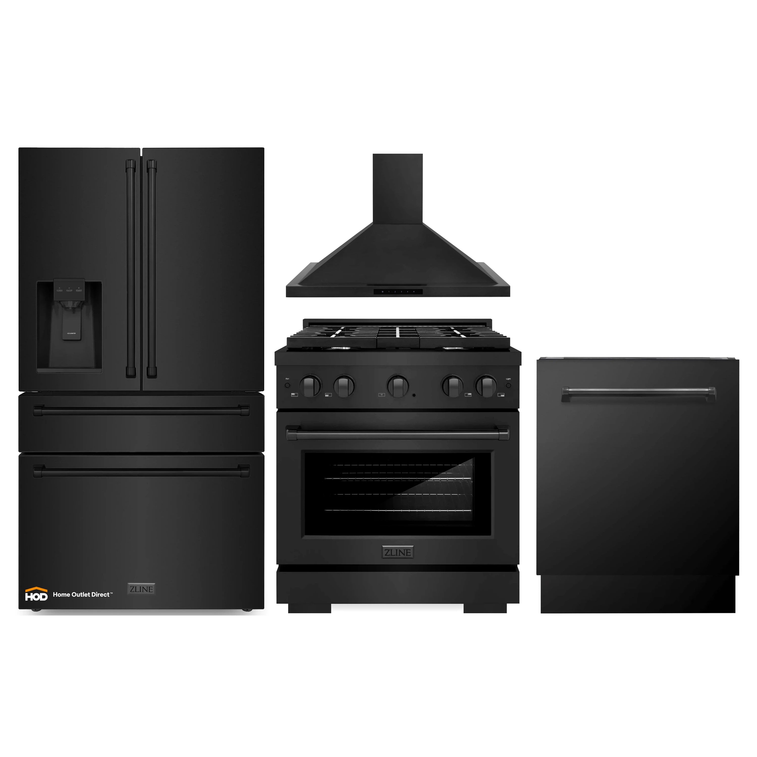 Black 4-piece kitchen appliance package: refrigerator, gas range, wall hood, dishwasher