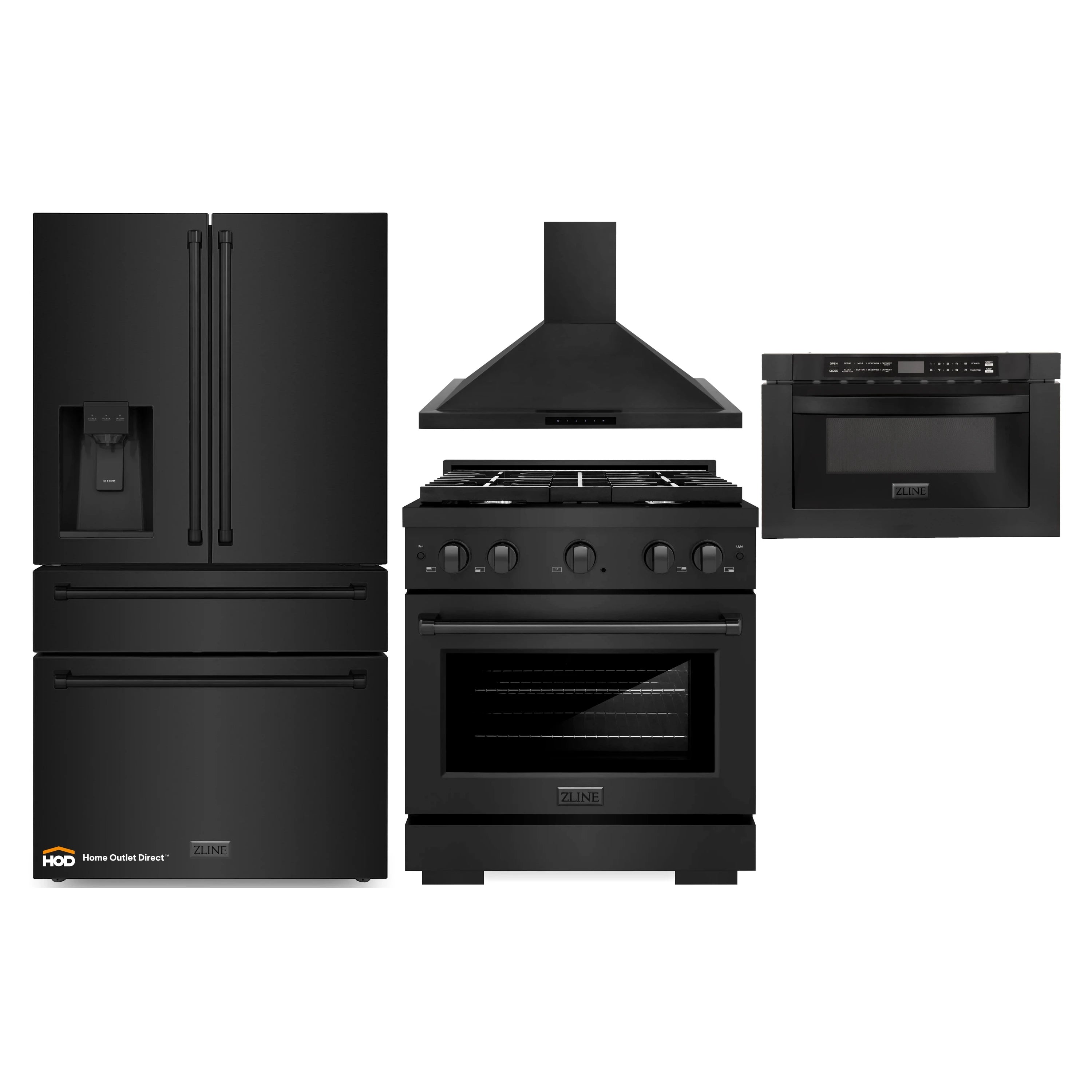 4-piece appliance package: black refrigerator, gas range, and wall hood lineup.