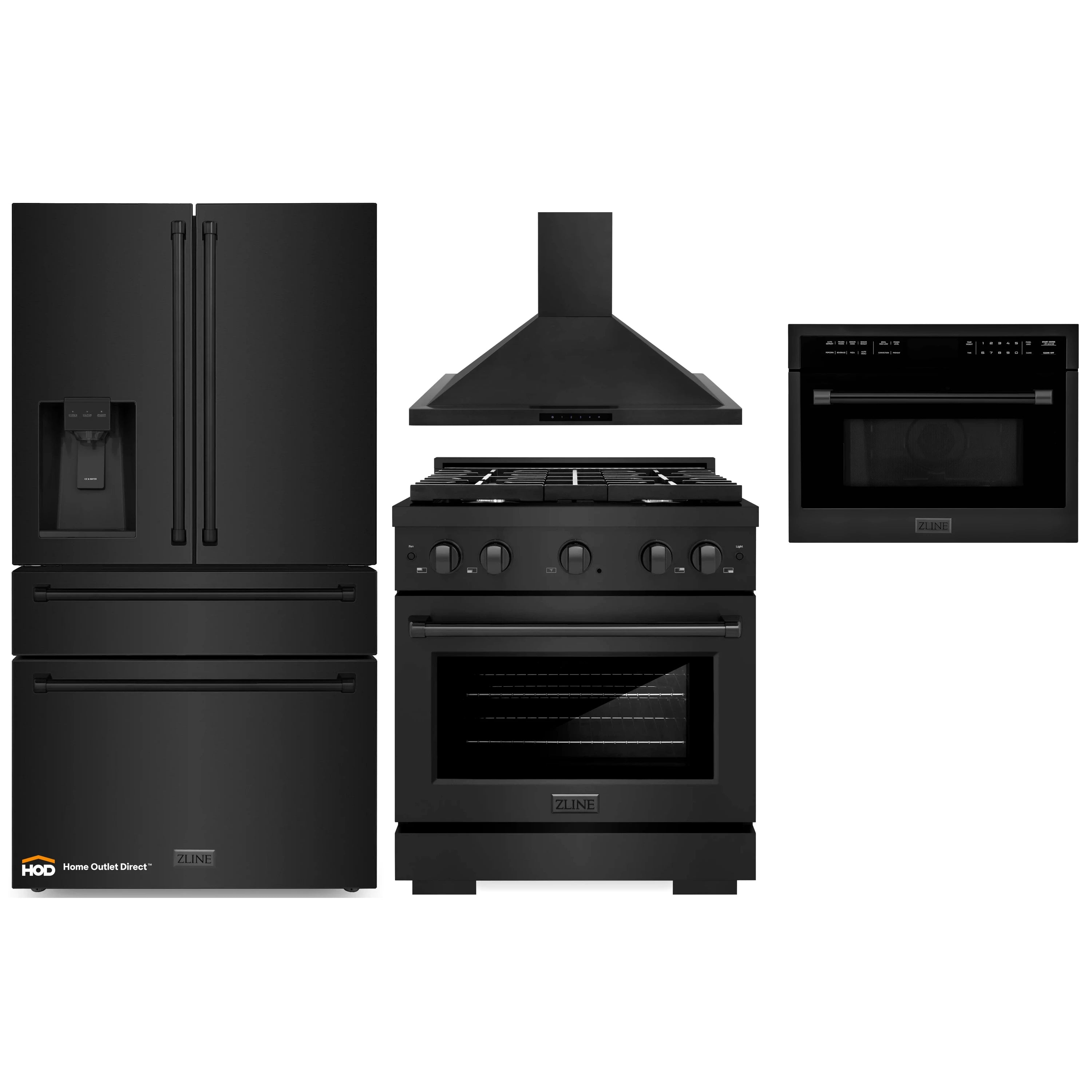 Black stainless kitchen appliance set: refrigerator, gas range, wall hood, microwave