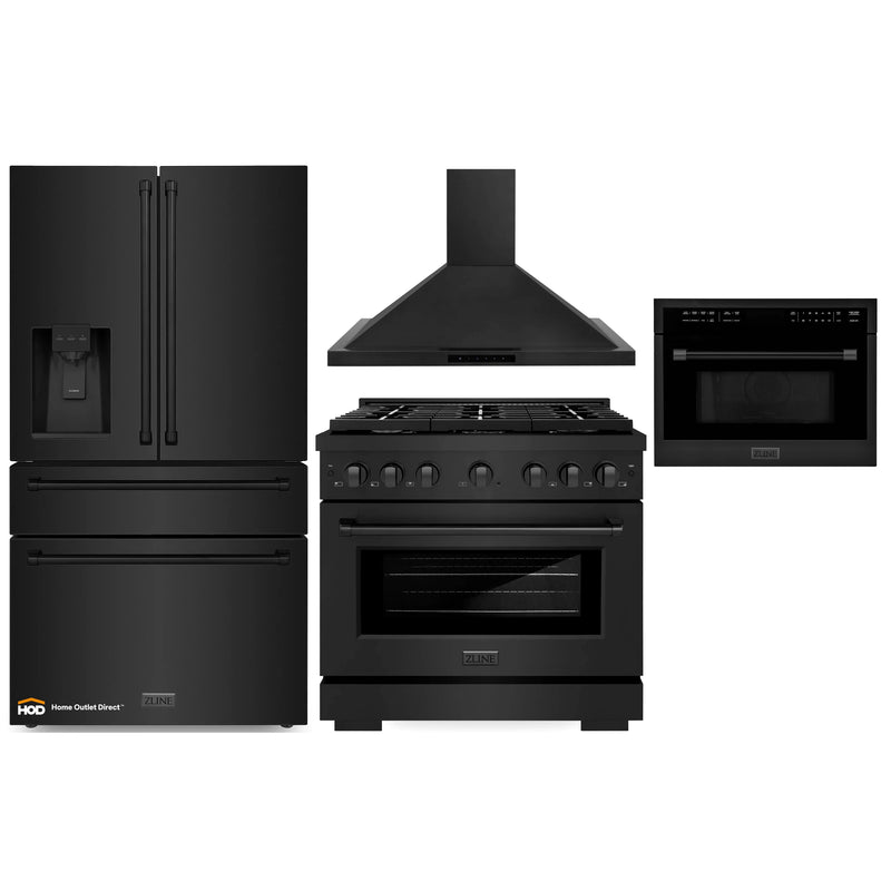 ZLINE 4-Piece Appliance Package - 36-Inch Gas Range, Refrigerator with Water Dispenser, Convertible Wall Mount Hood, and 3-Rack Dishwasher in Black Stainless Steel (4KPRW-RGBRH36-DWV)