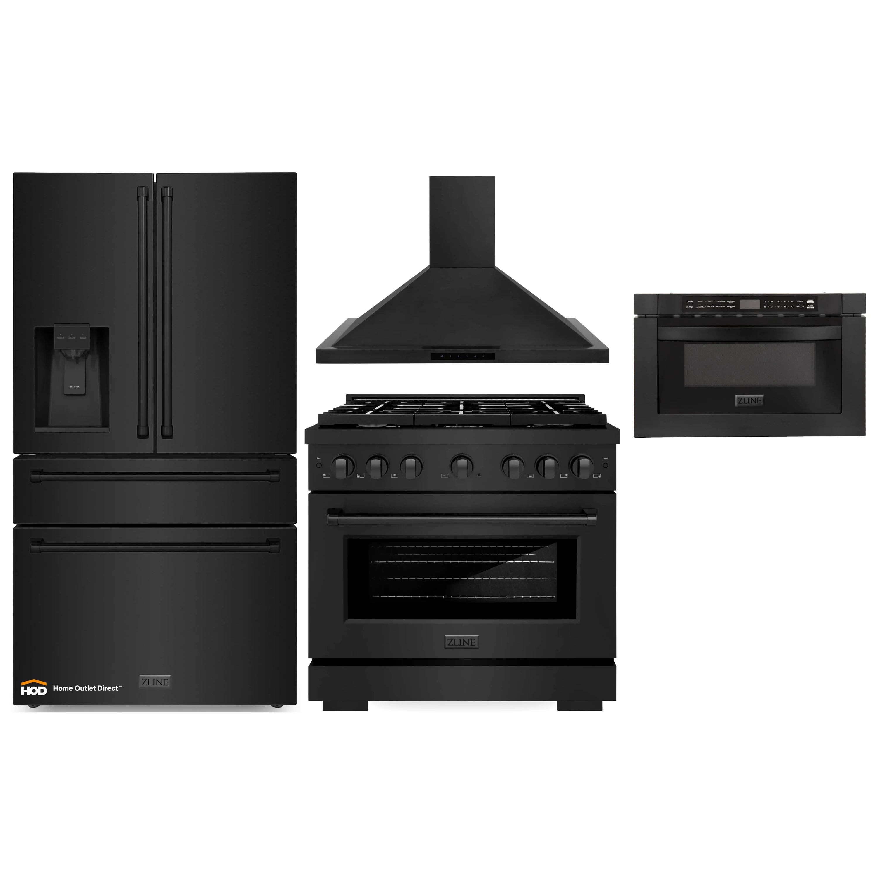 Appliance bundle with black gas range, refrigerator, microwave, and wall hood
