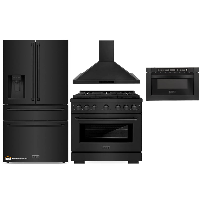 ZLINE 4-Piece Appliance Package - 36-Inch Gas Range, Refrigerator with Water Dispenser, Convertible Wall Mount Hood, and Microwave Drawer in Black Stainless Steel (4KPRW-RGBRH36-MWD)