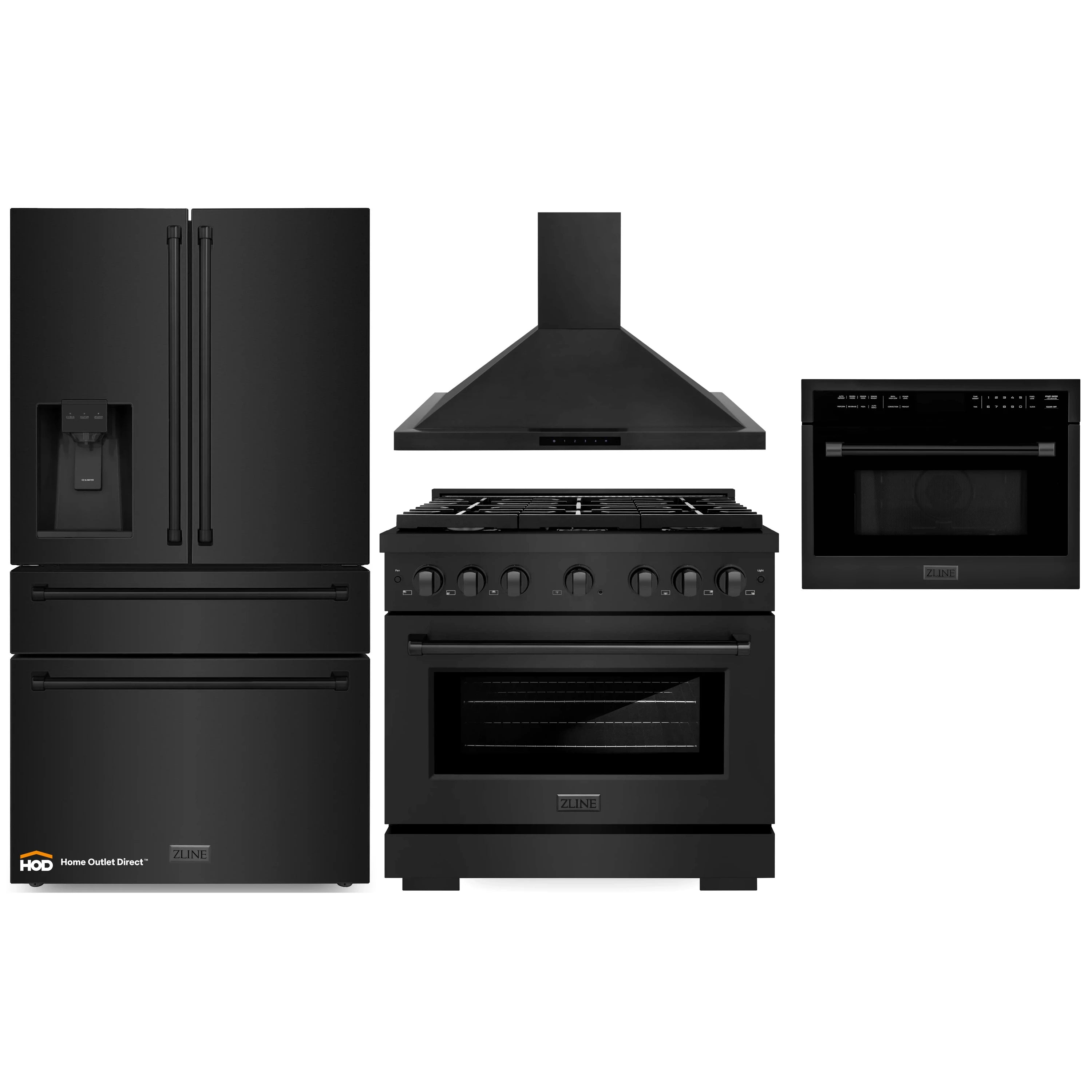 Black stainless 4-piece appliance package: fridge, gas range, wall hood, microwave