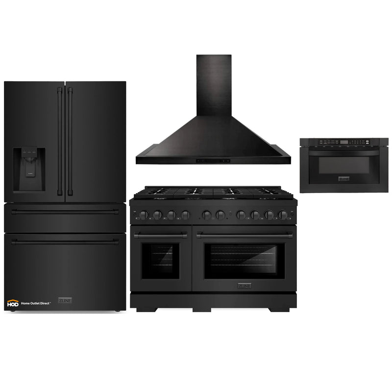 ZLINE 4-Piece Appliance Package - 48-Inch Gas Range, Refrigerator with Water Dispenser, Convertible Wall Mount Hood, and Microwave Drawer in Black Stainless Steel (4KPRW-RGBRH48-MWD)