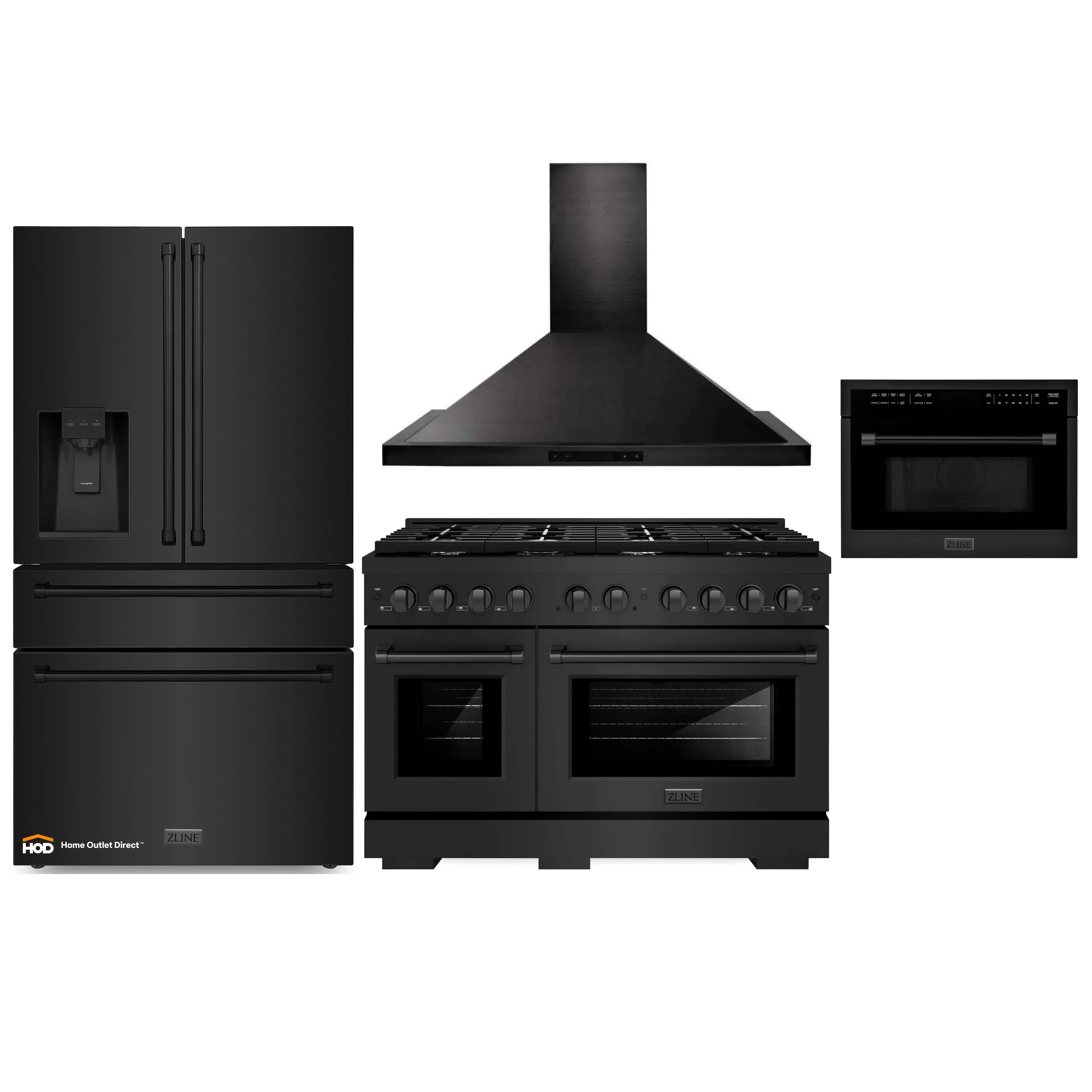 Four-piece kitchen appliance package: black gas range, hood, microwave, and refrigerator.