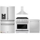 ZLINE 4-Piece Appliance Package - 30" Gas Range, 36" Refrigerator with Water Dispenser, Convertible Wall Mount Hood, and 3-Rack Dishwasher in Stainless Steel (4KPRW-SGRRH30-DWV)