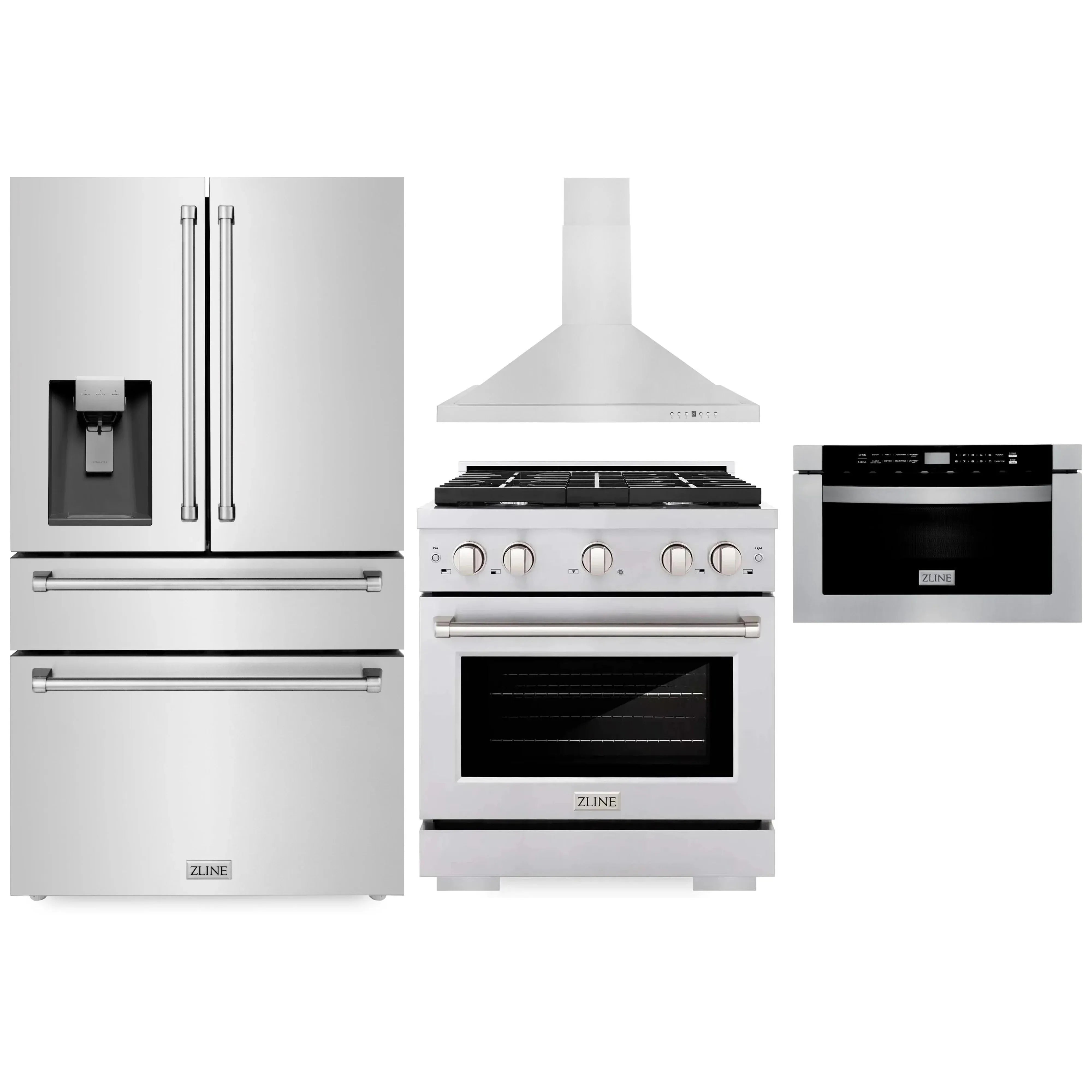 Stainless steel kitchen appliance set: refrigerator, gas range, microwave, and wall hood