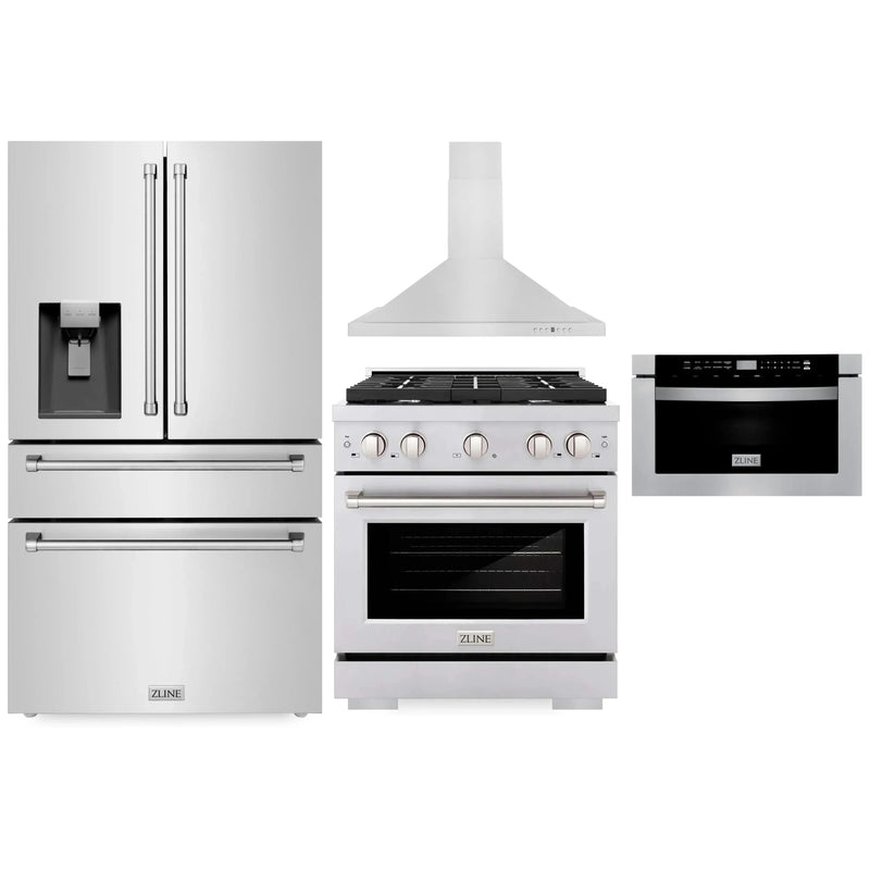 ZLINE 4-Piece Appliance Package - 30-Inch Gas Range, Refrigerator with Water Dispenser, Convertible Wall Mount Hood, and Microwave Drawer in Stainless Steel (4KPRW-RGRH30-MWD)