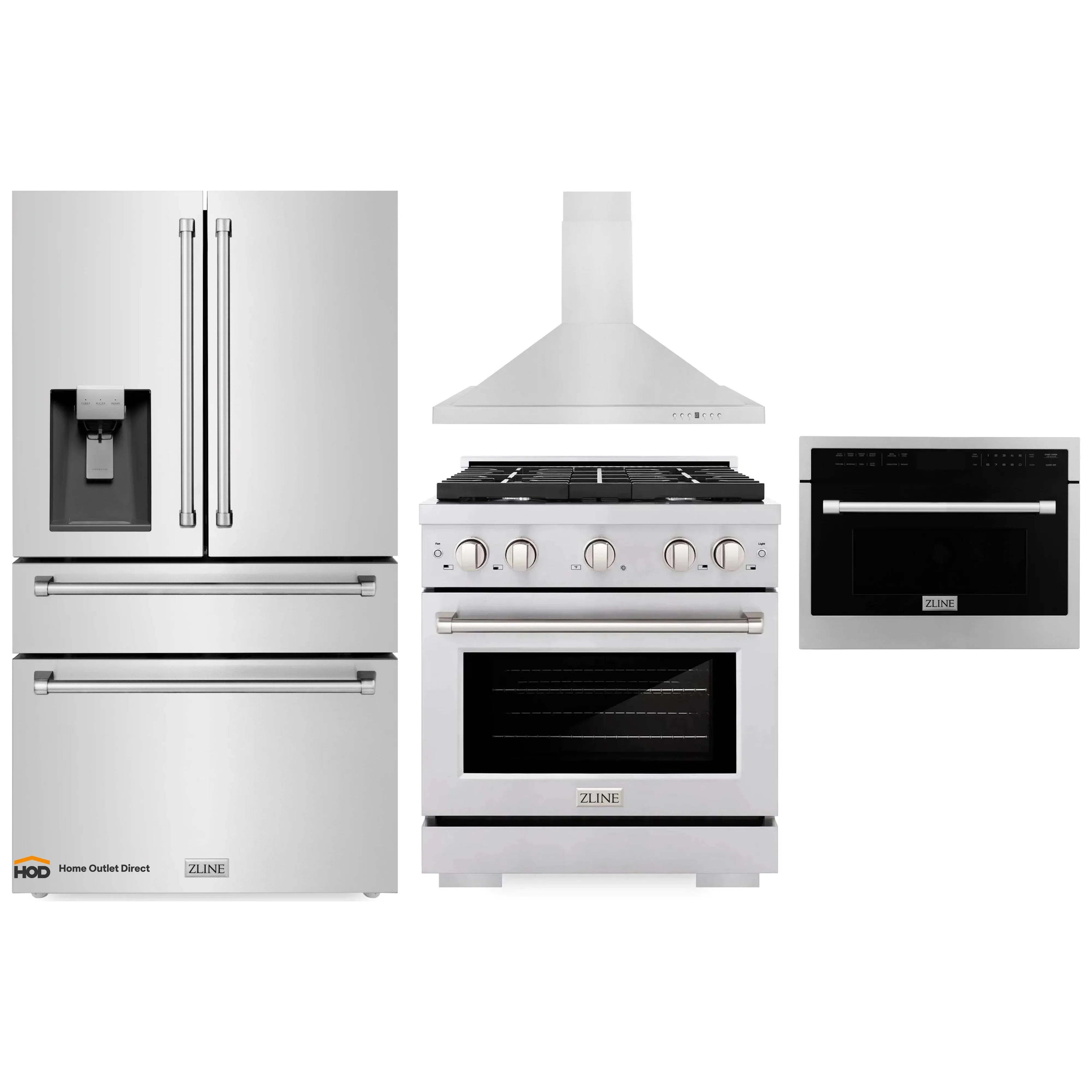 Stainless steel kitchen appliance package with fridge, range, hood, and microwave