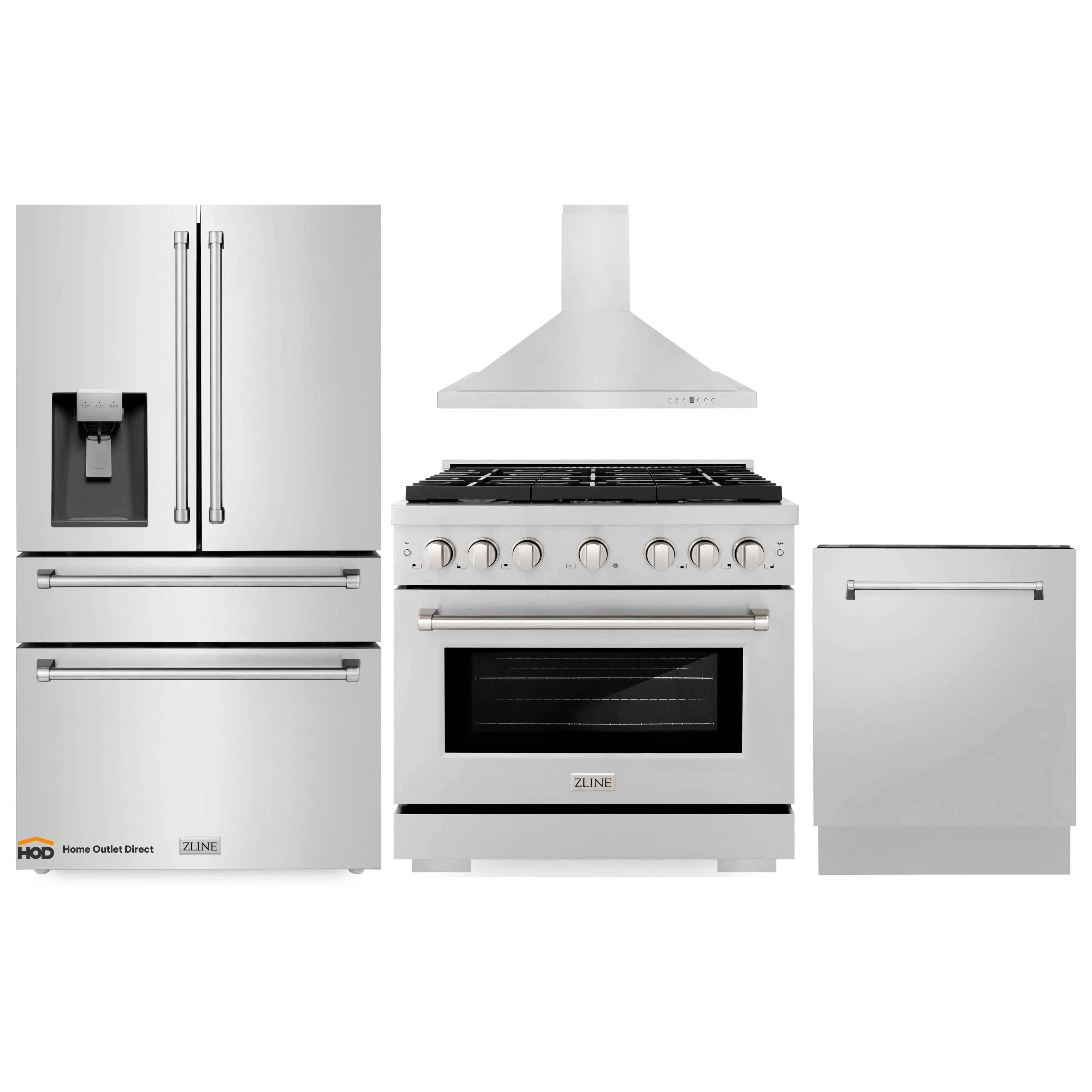 Stainless kitchen appliance set: ZLINE gas range, refrigerator dispenser, dishwasher