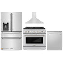 ZLINE 4-Piece Appliance Package - 36-Inch Gas Range, Refrigerator with Water Dispenser, Convertible Wall Mount Hood, and 3-Rack Dishwasher in Stainless (4KPRW-SGRRH36-DWV)