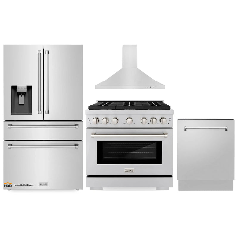 ZLINE 4-Piece Appliance Package - 36-Inch Gas Range, Refrigerator with Water Dispenser, Convertible Wall Mount Hood, and 3-Rack Dishwasher in Stainless (4KPRW-RGRH36-DWV)