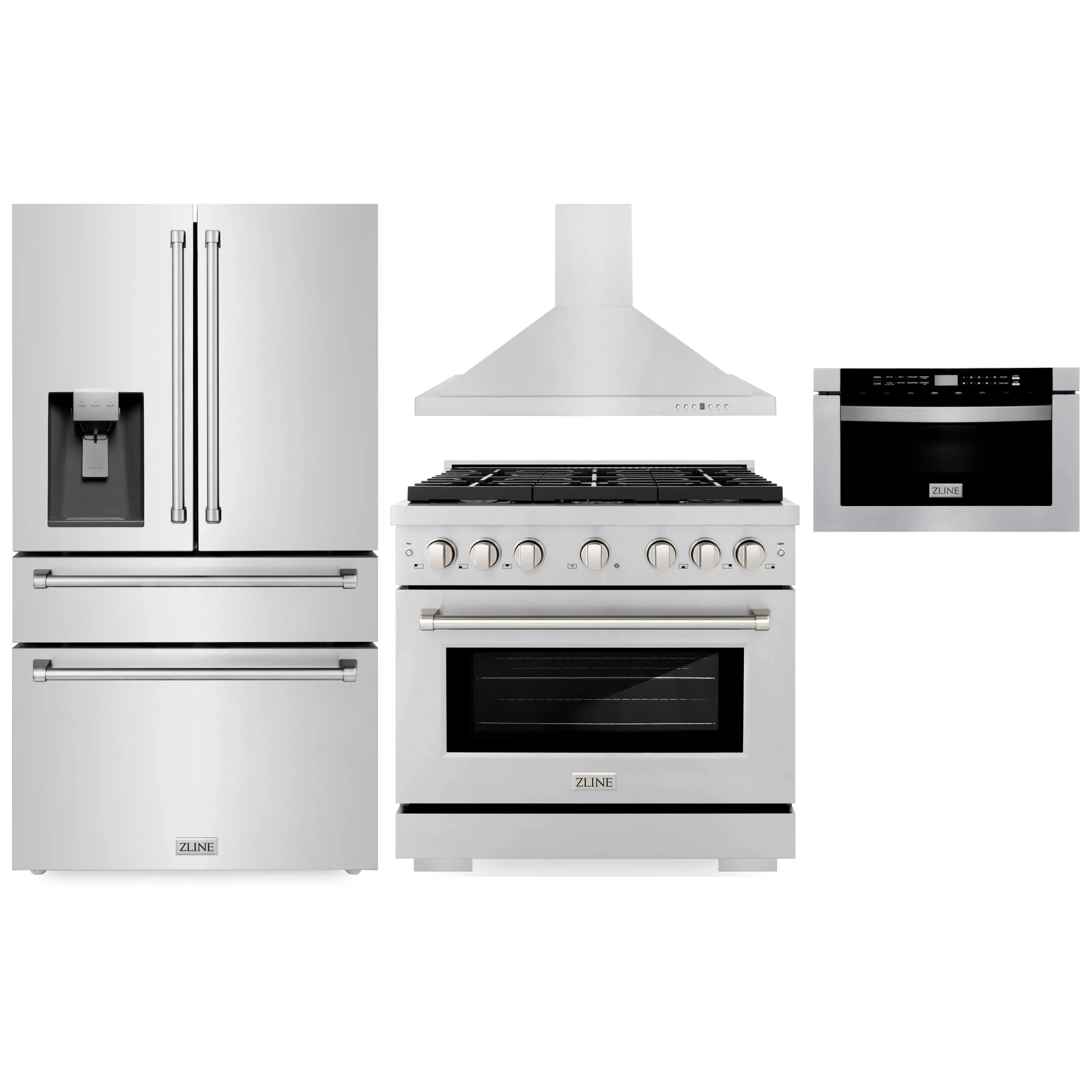 Stainless steel appliance package: refrigerator w/ water dispenser, gas range, hood, microwave
