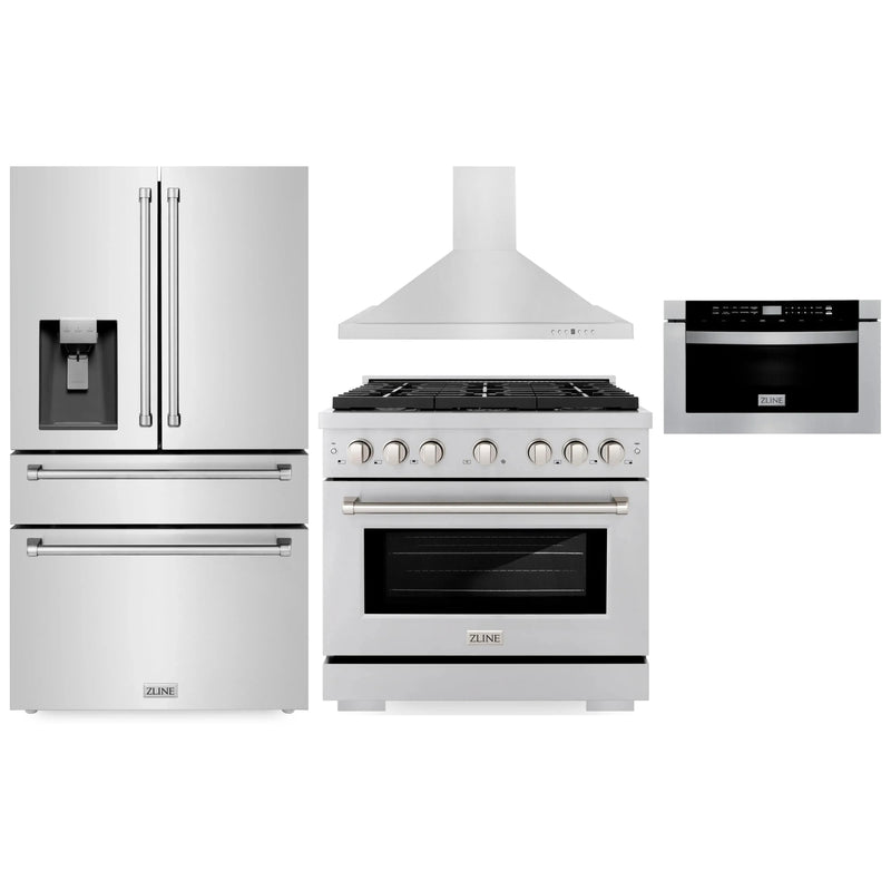 ZLINE 4-Piece Appliance Package - 36-Inch Gas Range, Refrigerator with Water Dispenser, Convertible Wall Mount Hood, and Microwave Drawer in Stainless Steel (4KPRW-RGRH36-MWD)