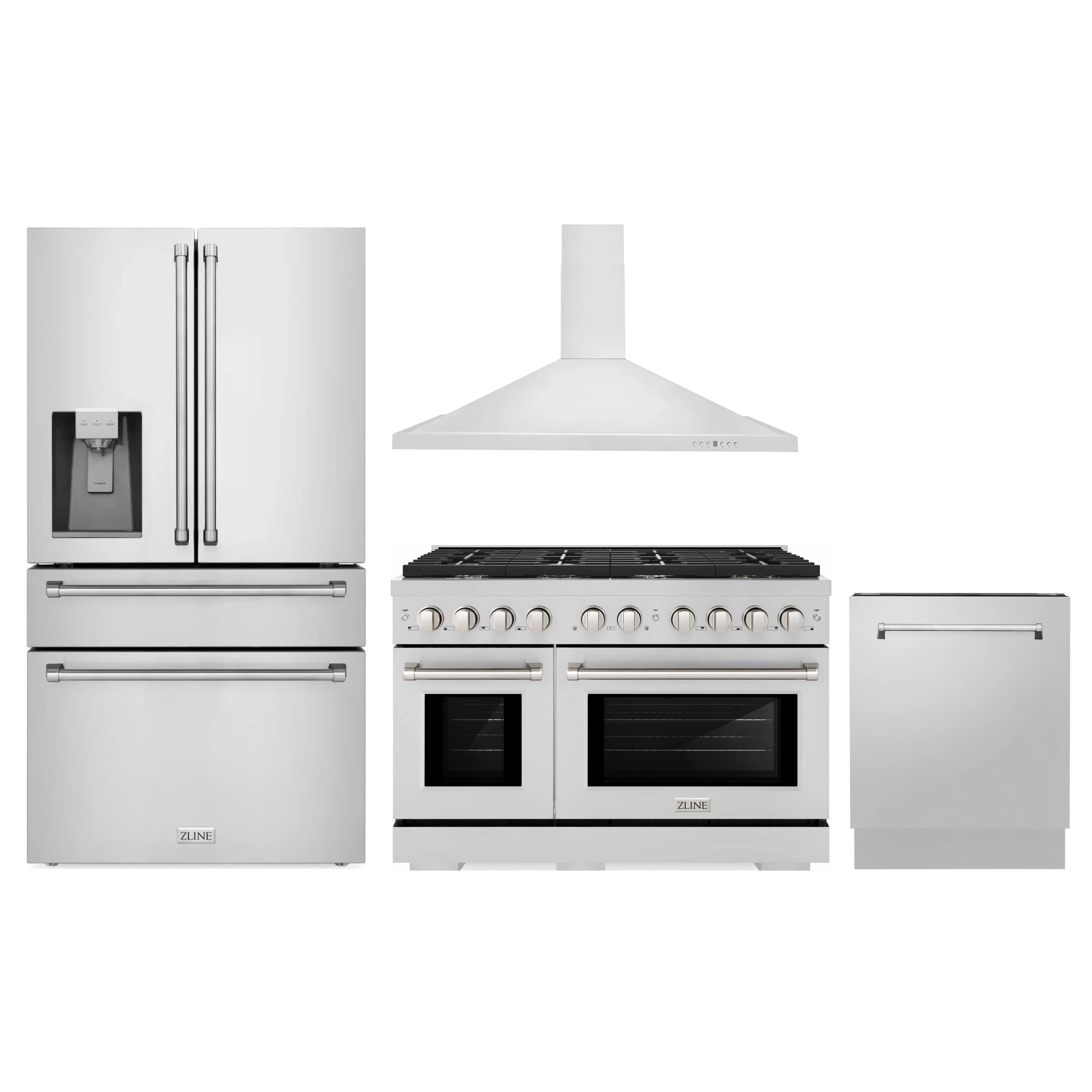 Stainless steel appliance package: fridge with water dispenser, gas range, hood, dishwasher