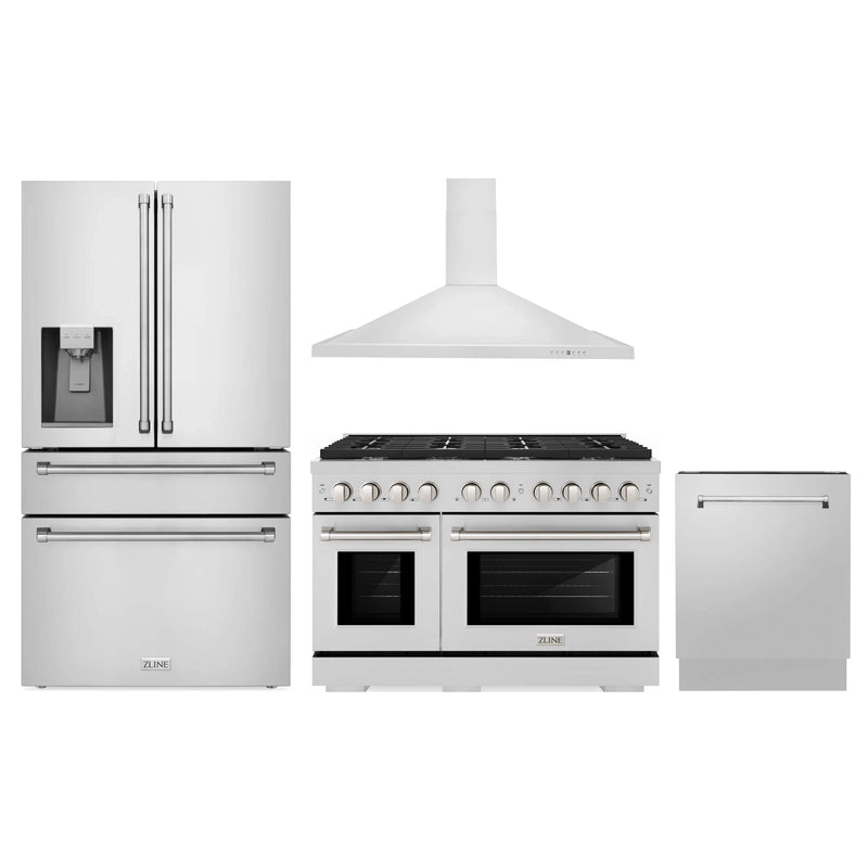 ZLINE 4-Piece Appliance Package - 48-Inch Gas Range, Refrigerator with Water Dispenser, Convertible Wall Mount Hood, and 3-Rack Dishwasher in Stainless Steel (4KPRW-RGRH48-DWV)