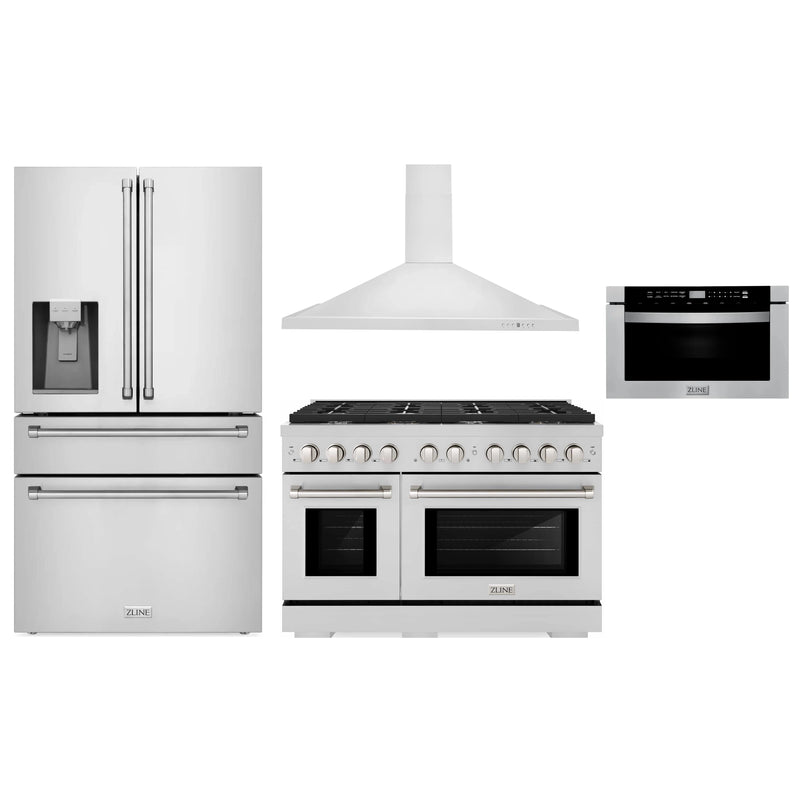 ZLINE 4-Piece Appliance Package - 48-Inch Gas Range, Refrigerator with Water Dispenser, Convertible Wall Mount Hood, and Microwave Drawer in Stainless Steel (4KPRW-RGRH48-MWD)