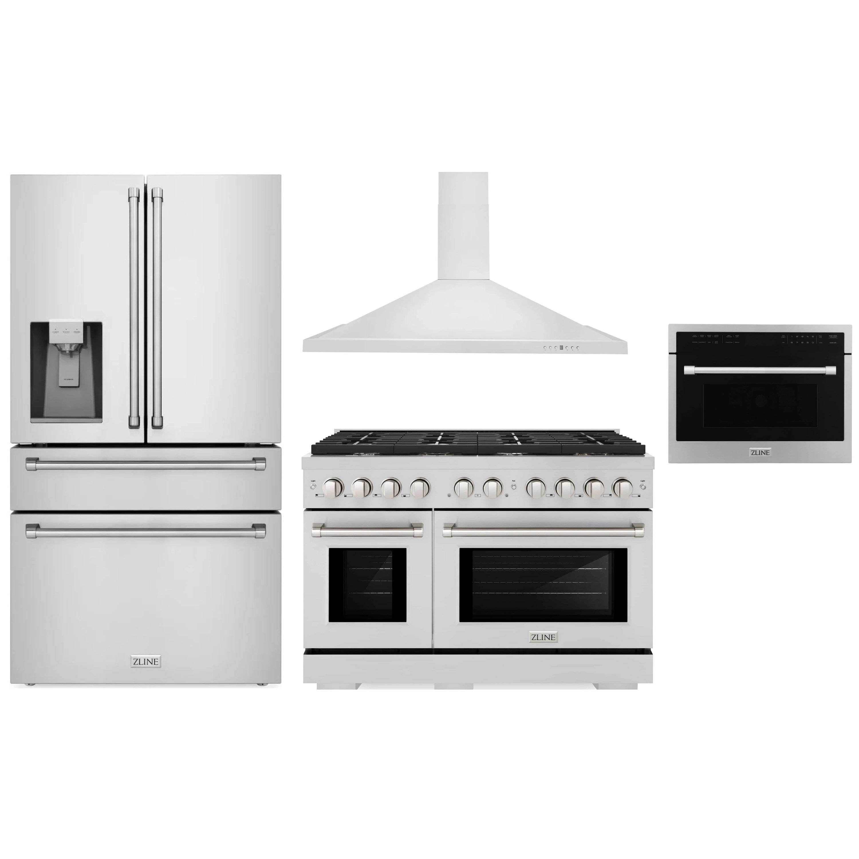 Stainless appliance package with refrigerator, gas range, wall hood, and microwave
