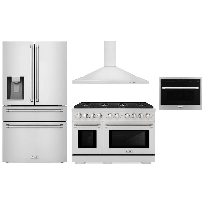 ZLINE 4-Piece Appliance Package - 48-Inch Gas Range, Refrigerator with Water Dispenser, Convertible Wall Mount Hood, and Microwave Oven in Stainless Steel (4KPRW-RGRH48-MWO)