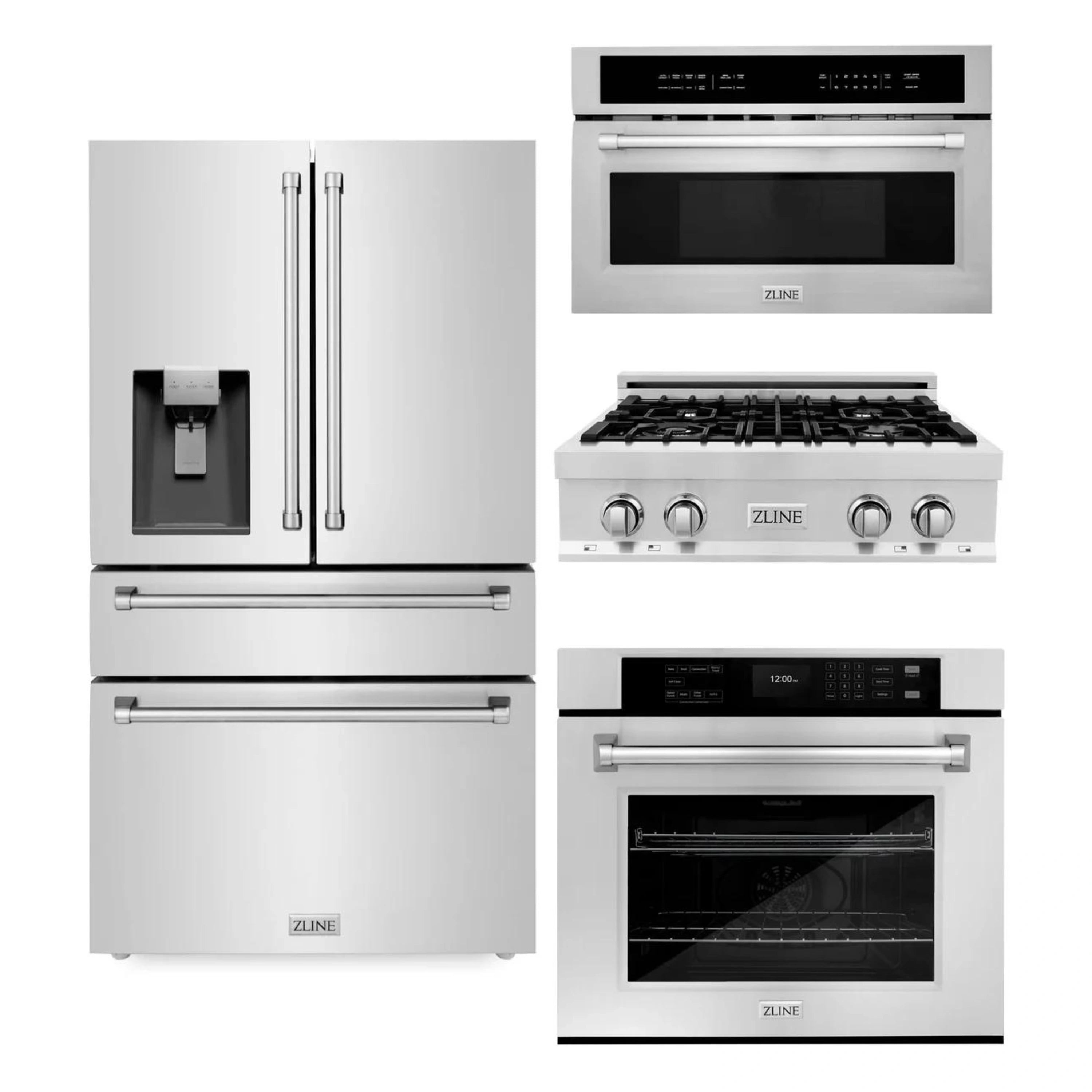 Stainless steel ZLINE kitchen appliance package collage with refrigerator, range, and ovens