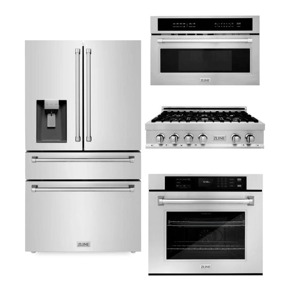 ZLINE 4-Piece Appliance Package - 36-Inch Rangetop, 30” Wall Oven, 36” Refrigerator with Water Dispenser, and Microwave Oven in Stainless Steel (4KPRW-RT36-MWAWS)