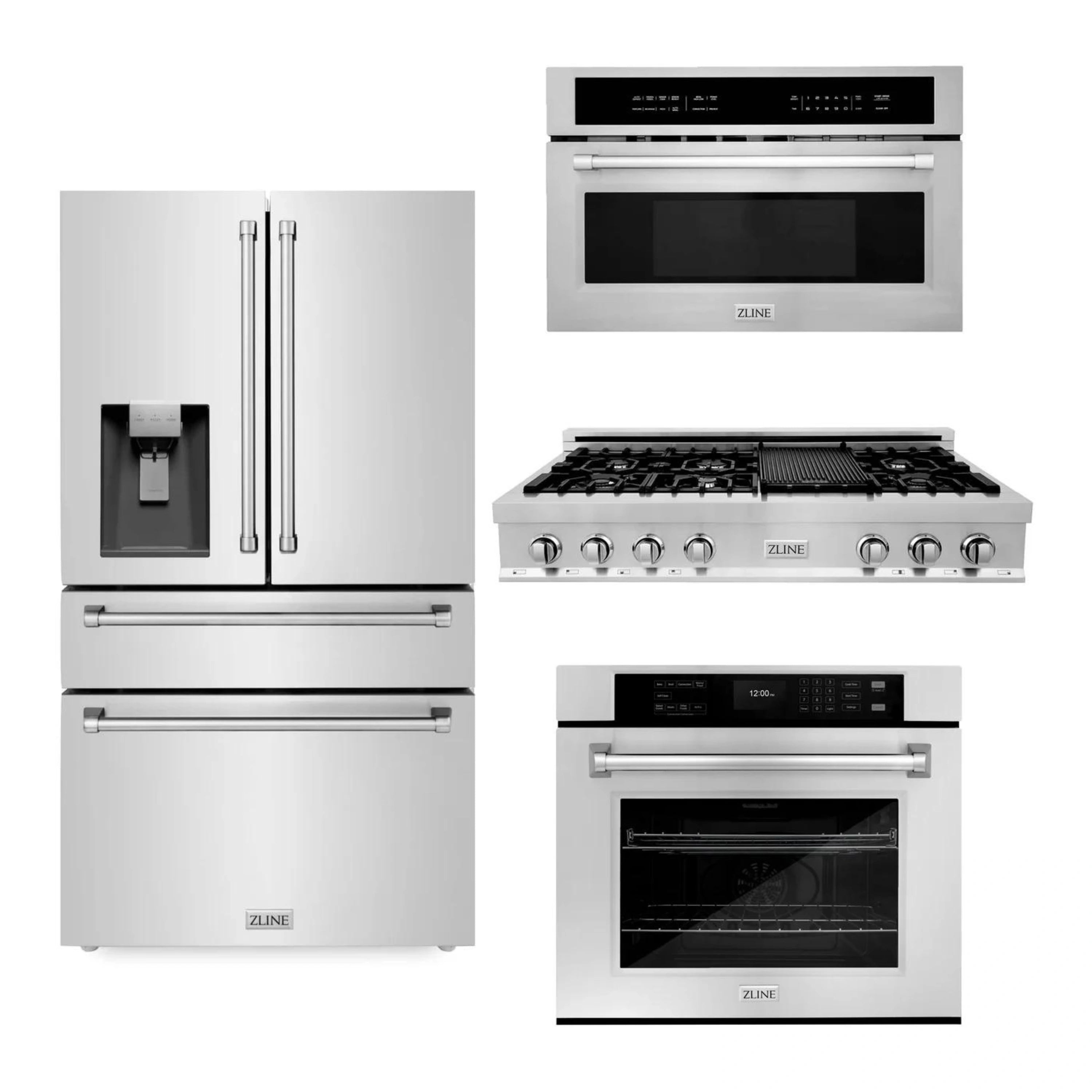 Stainless steel kitchen appliance set collage: refrigerator, oven, microwave, and rangetop