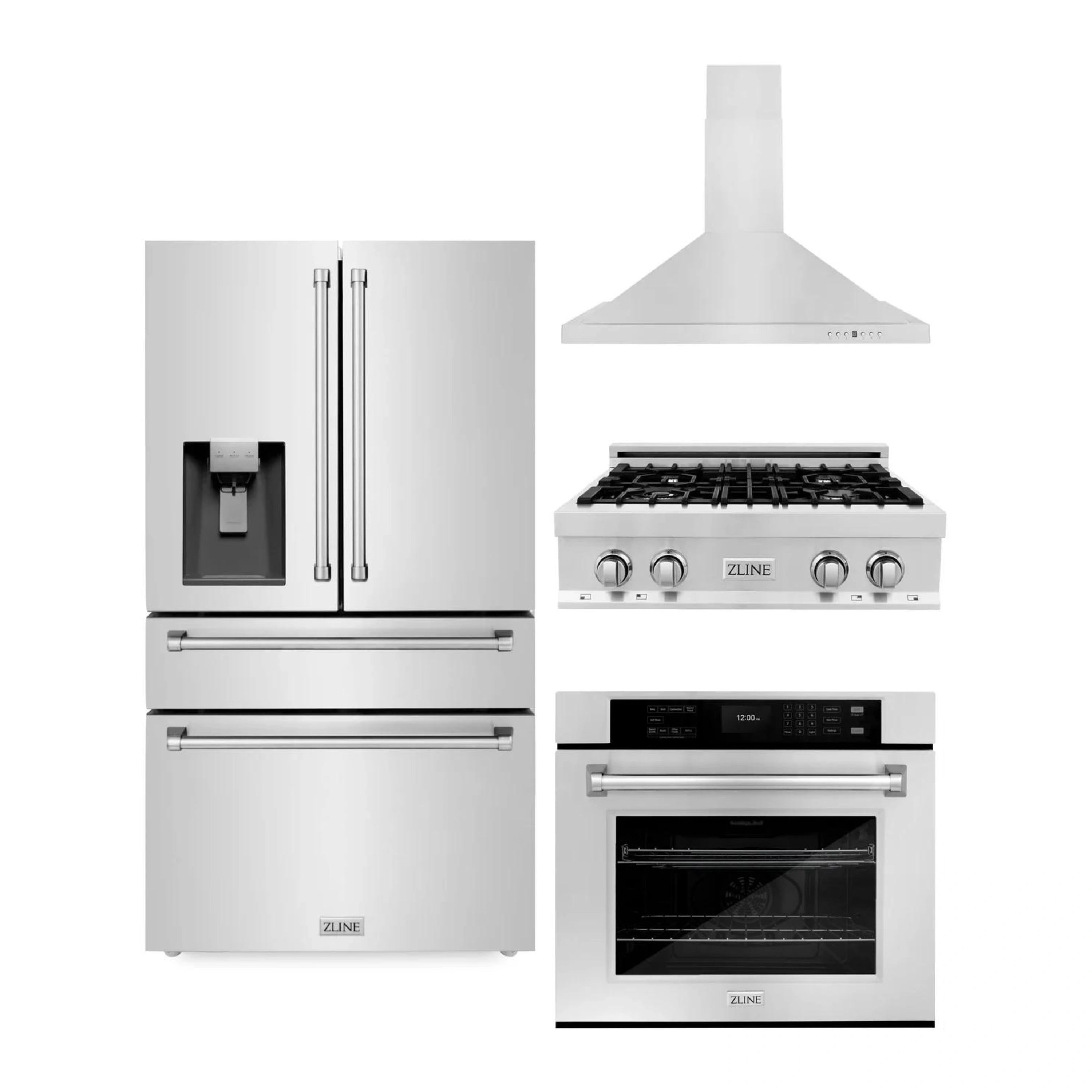 Stainless steel 4-piece appliance package with refrigerator, range, hood, and wall oven
